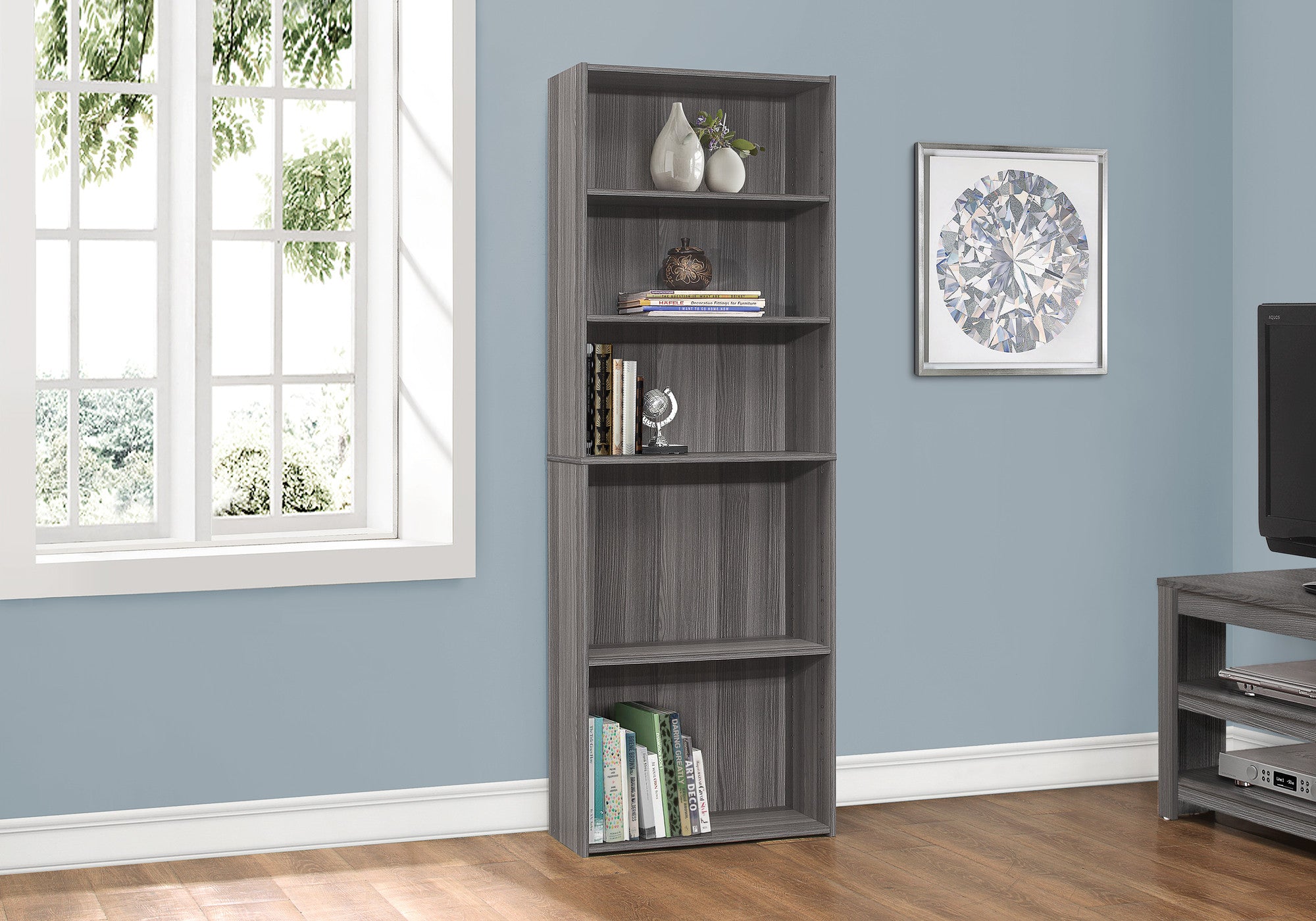 71" Gray Wood Adjustable Five Tier Bookcase-Bookcases-DECOROLALA