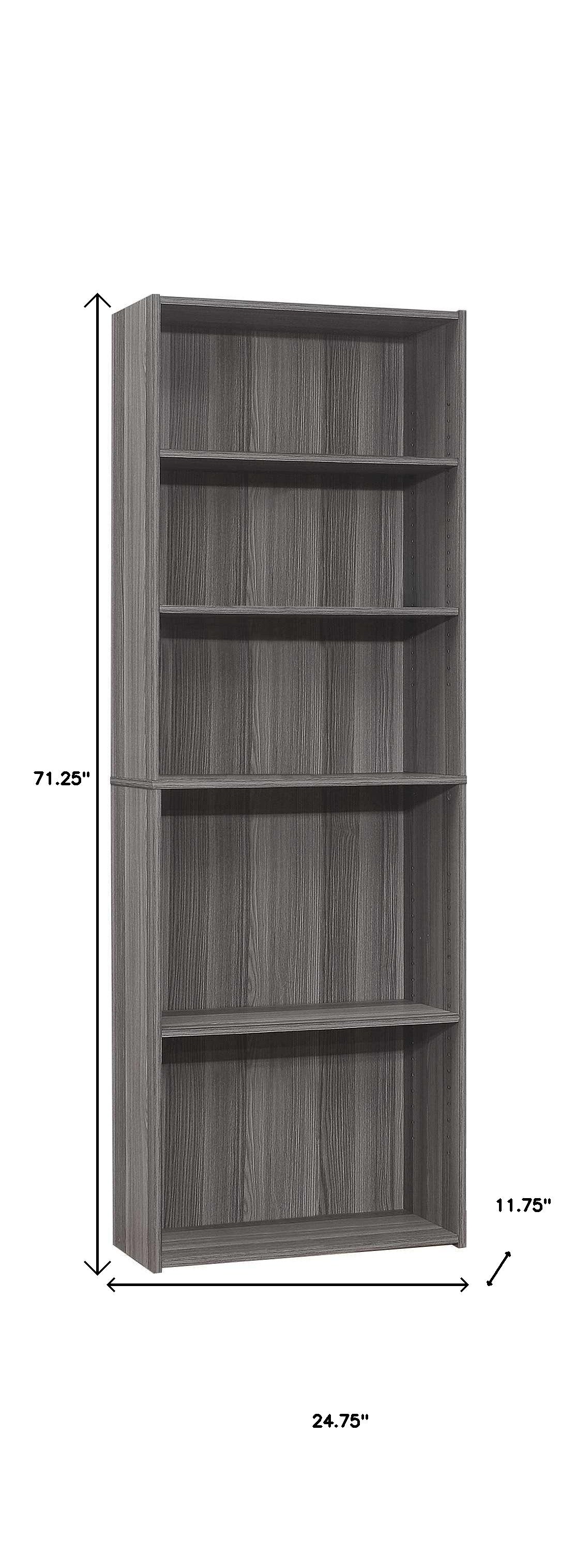 71" Gray Wood Adjustable Five Tier Bookcase-Bookcases-DECOROLALA