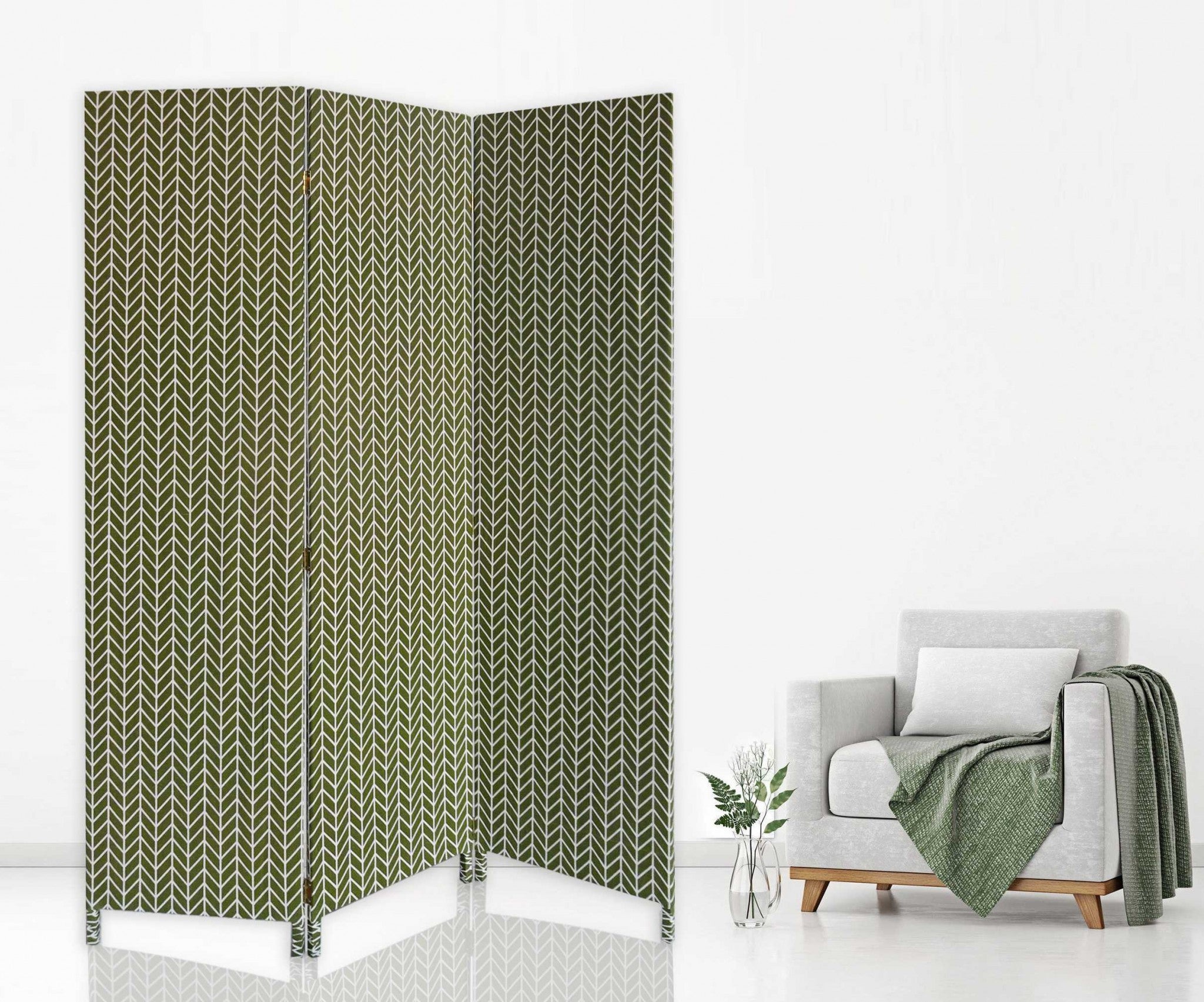 71" Green Fabric Folding Three Panel Screen Room Divider-Room Dividers-DECOROLALA