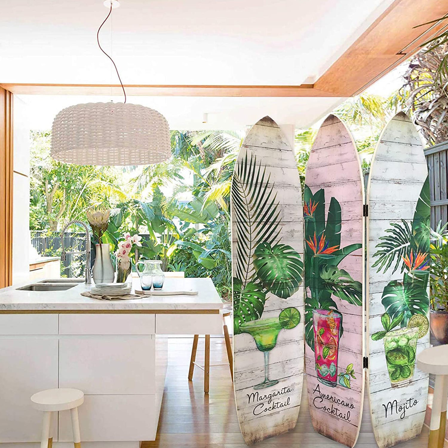 71" Green Solid Wood Folding Three Panel Screen Room Divider-Room Dividers-DECOROLALA