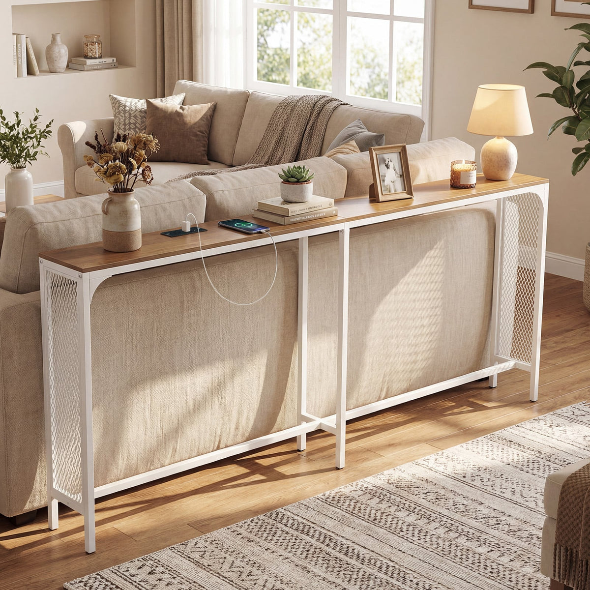 71 Inch Narrow Console Table with Power Outlet for Small Space-Natural-Console Tables-DECOROLALA