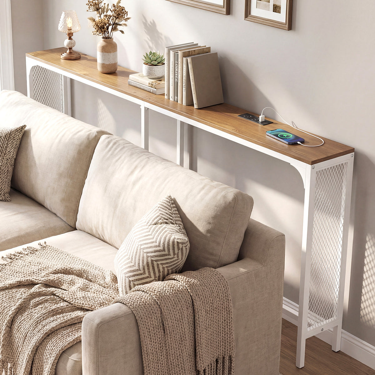 71 Inch Narrow Console Table with Power Outlet for Small Space-Natural-Console Tables-DECOROLALA