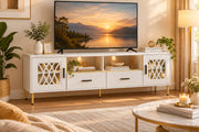 71 Inch TV Stand for 80 Inch TVs with Glass Doors - White/Gold-Entertainment Centers & TV Stands-DECOROLALA
