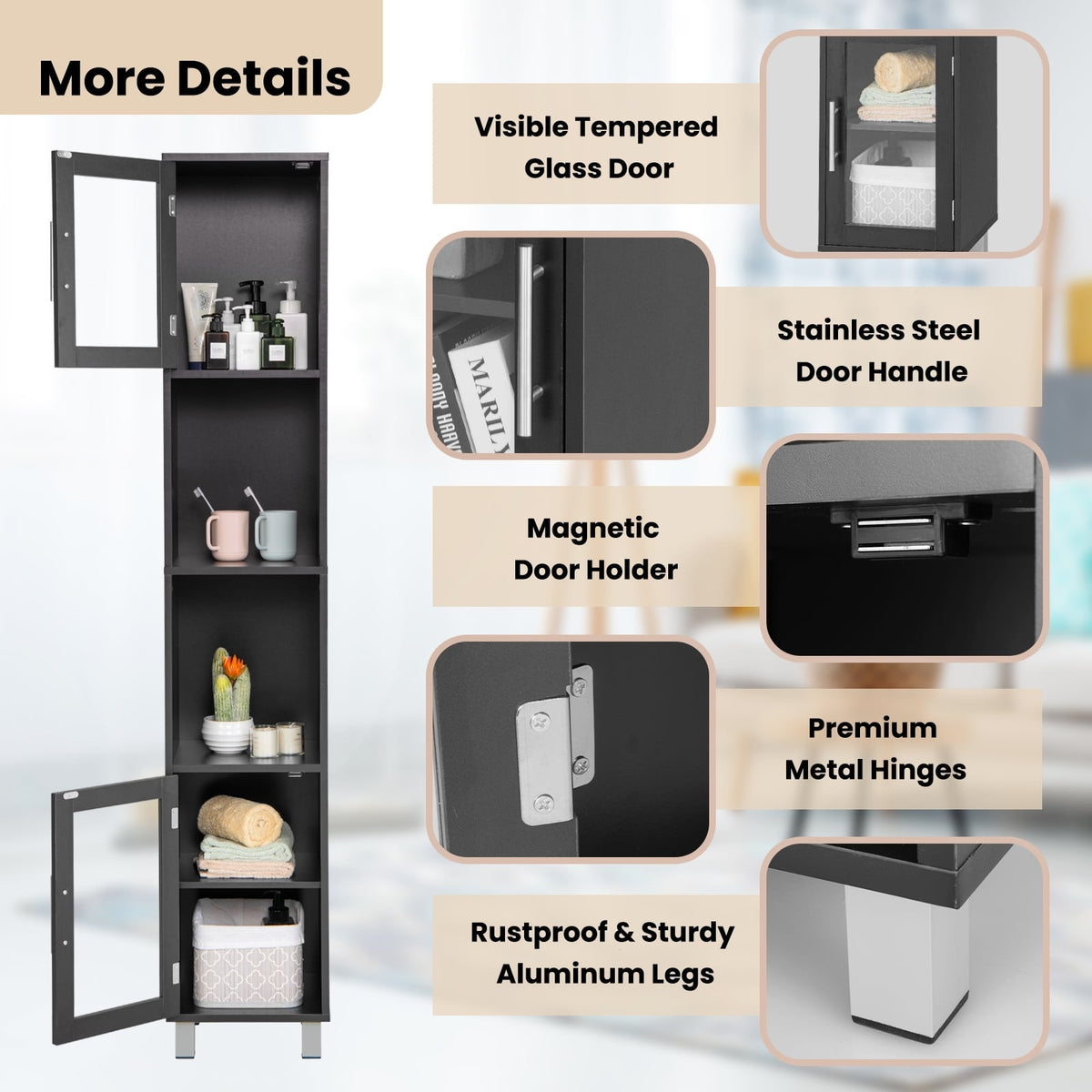 71" Tall Tower Bathroom Storage Cabinet - Black Wood 13"x12"-Floor Cabinets-DECOROLALA