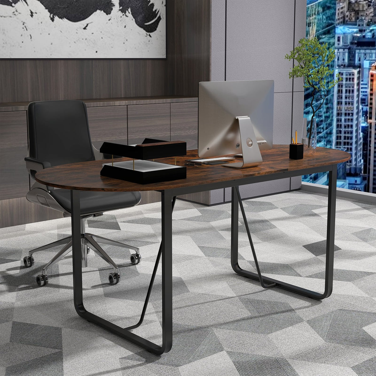 71 Inches Executive Table Oval Home Office Table with Cable Management Hole-Rustic Brown-Standing Desks-DECOROLALA