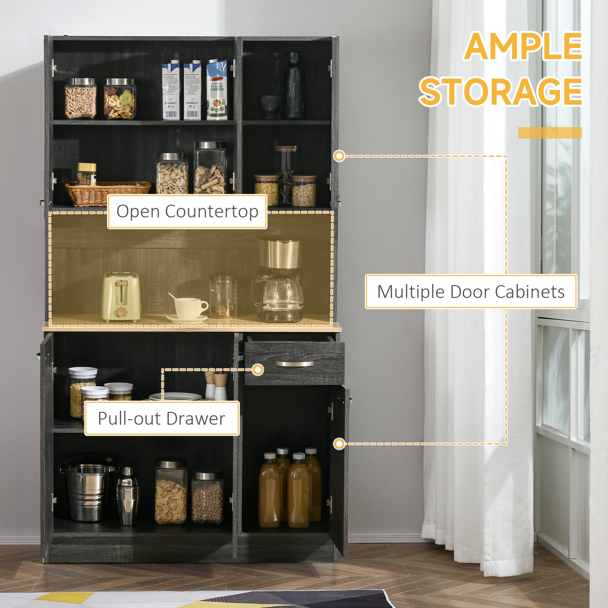 71" Kitchen Buffet Hutch with Microwave Counter - Black-DECOROLALA