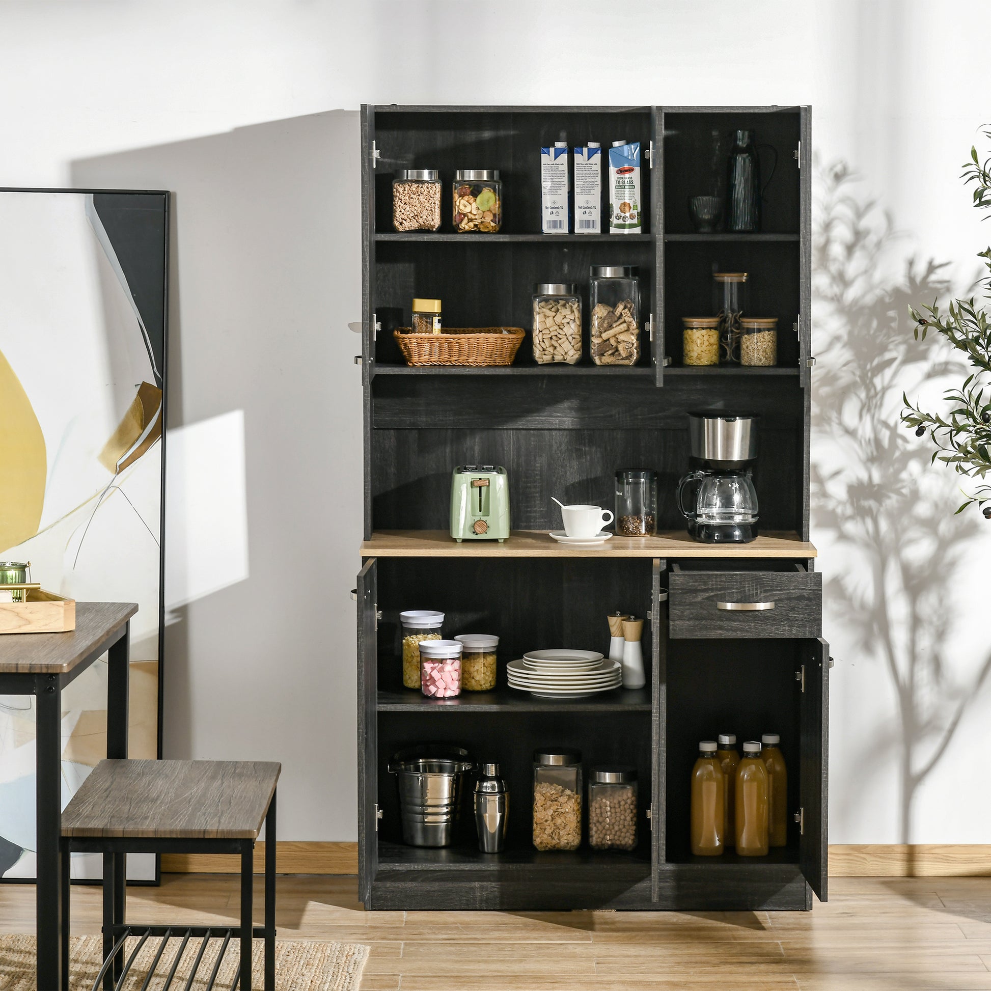 71" Kitchen Buffet Hutch with Microwave Counter - Black-DECOROLALA