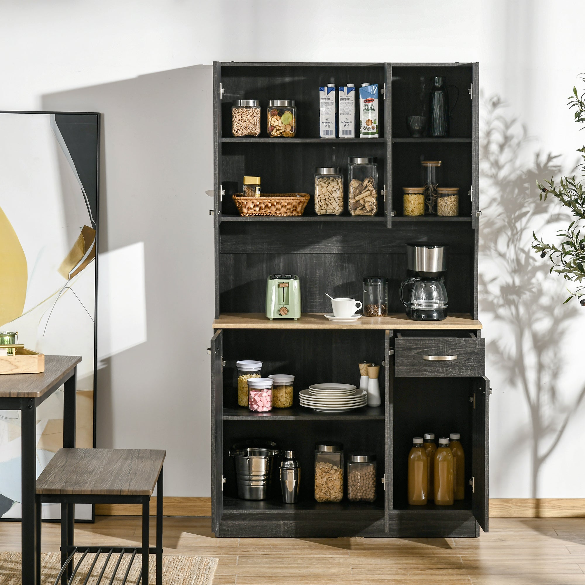 71" Kitchen Buffet Hutch with Microwave Counter - Black-DECOROLALA