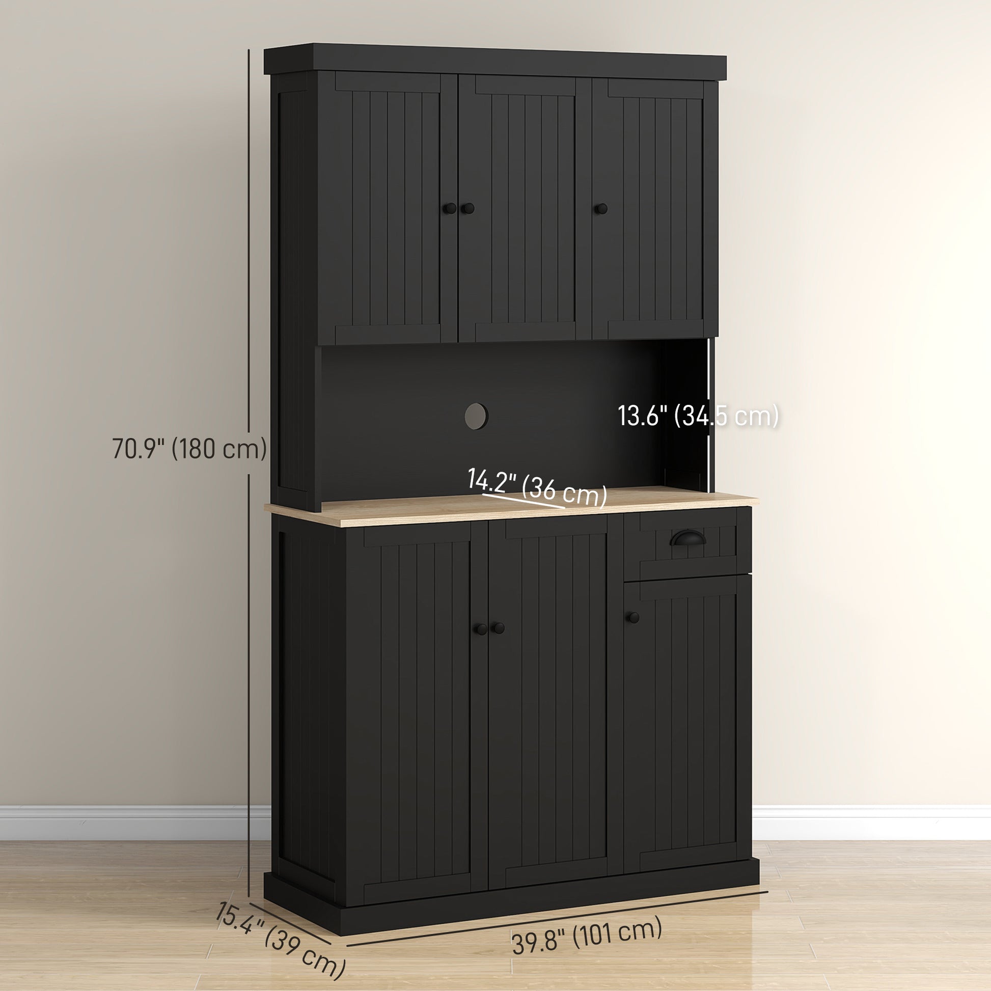71" Kitchen Buffet Pantry with Microwave Stand, Black-DECOROLALA