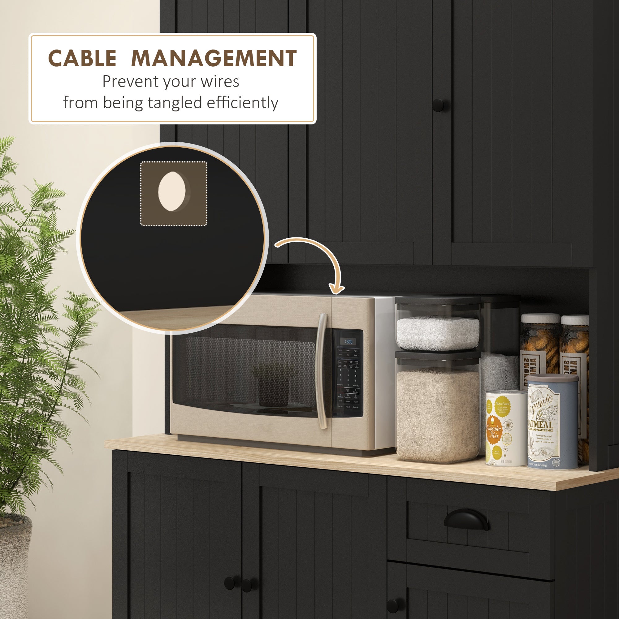 71" Kitchen Buffet Pantry with Microwave Stand, Black-DECOROLALA