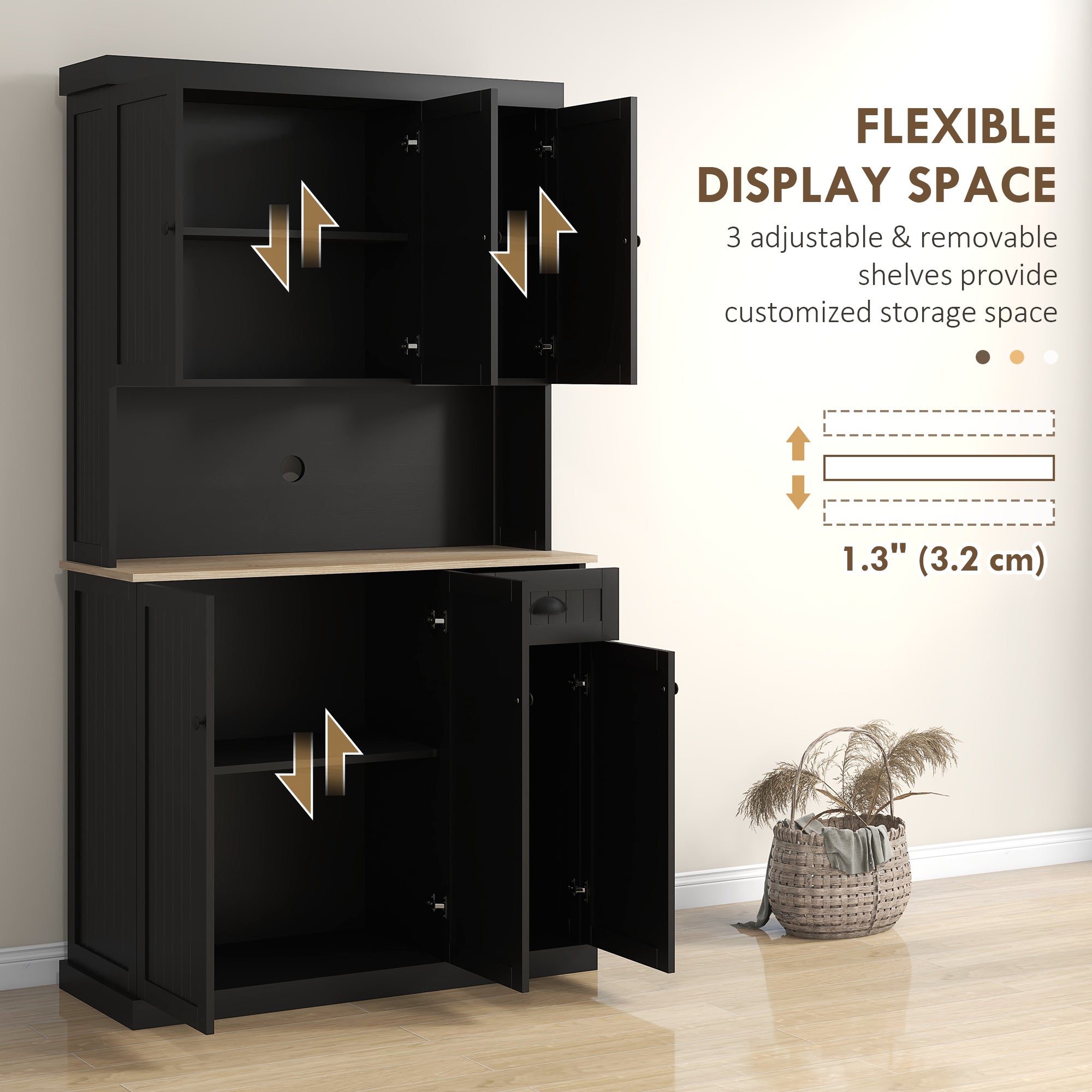 71" Kitchen Buffet Pantry with Microwave Stand, Black-DECOROLALA