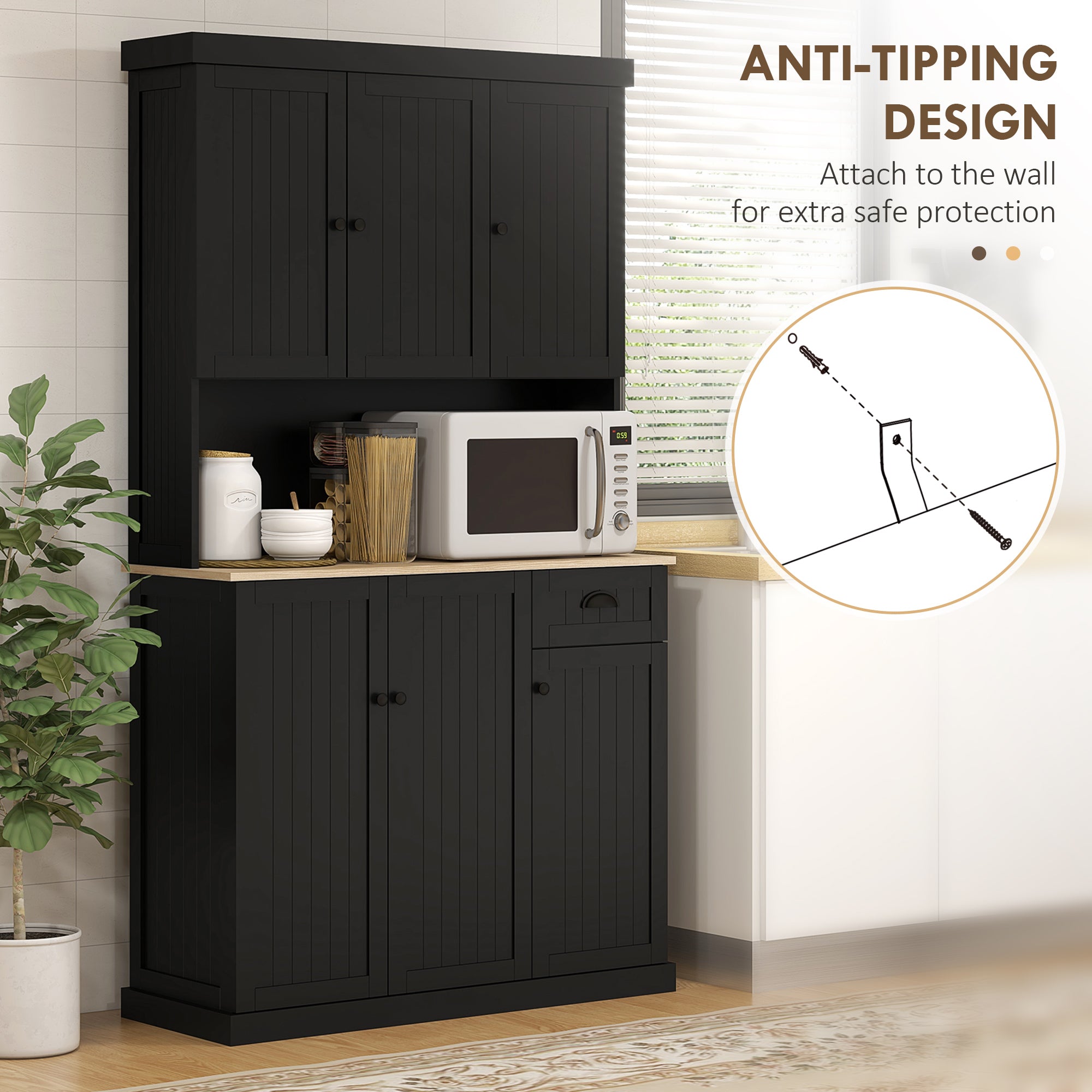 71" Kitchen Buffet Pantry with Microwave Stand, Black-DECOROLALA