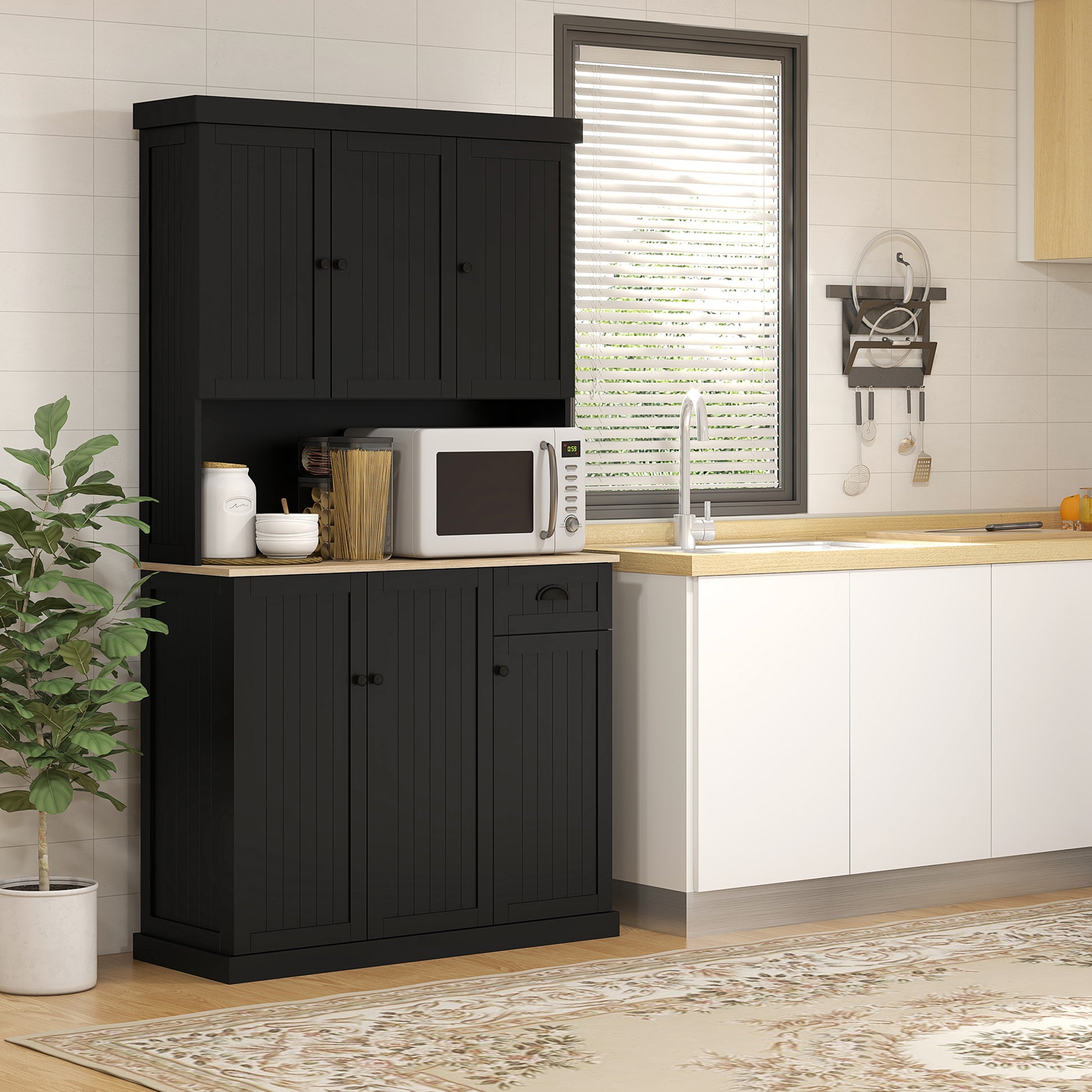 71" Kitchen Buffet Pantry with Microwave Stand, Black-DECOROLALA