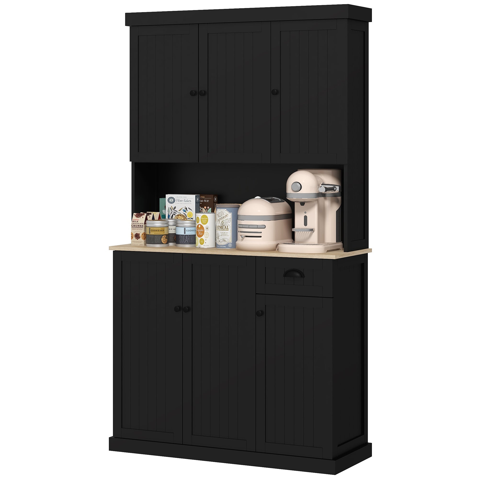 71" Kitchen Buffet Pantry with Microwave Stand, Black-DECOROLALA