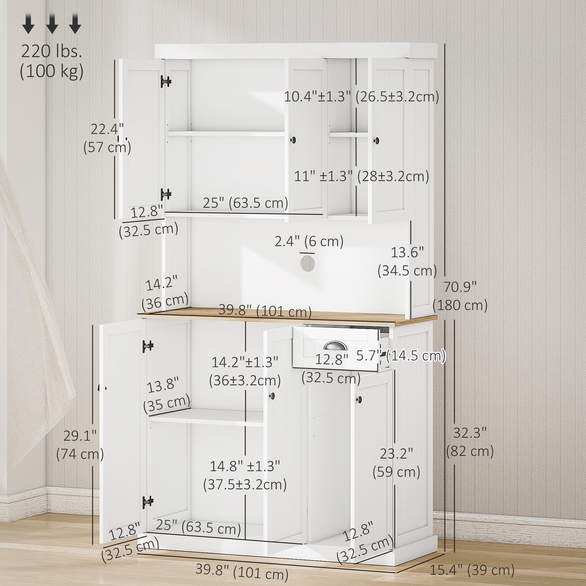 71" Kitchen Buffet with Hutch Storage Microwave Oven Stand, White Oak-DECOROLALA