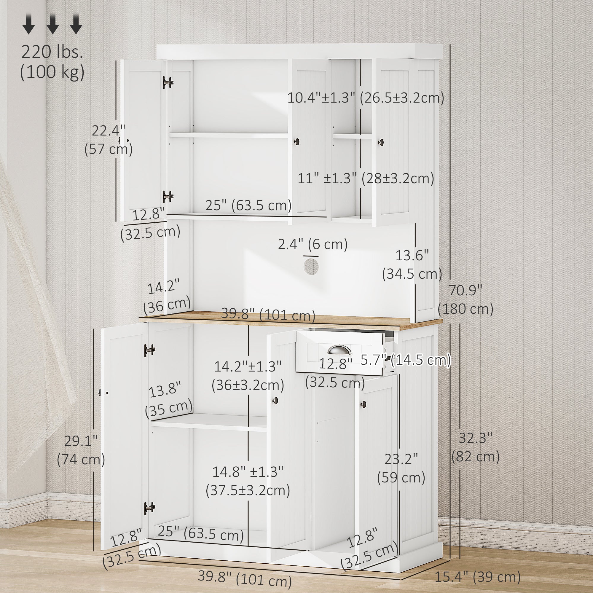 71" Kitchen Buffet with Hutch Storage Microwave Oven Stand, White Oak-DECOROLALA