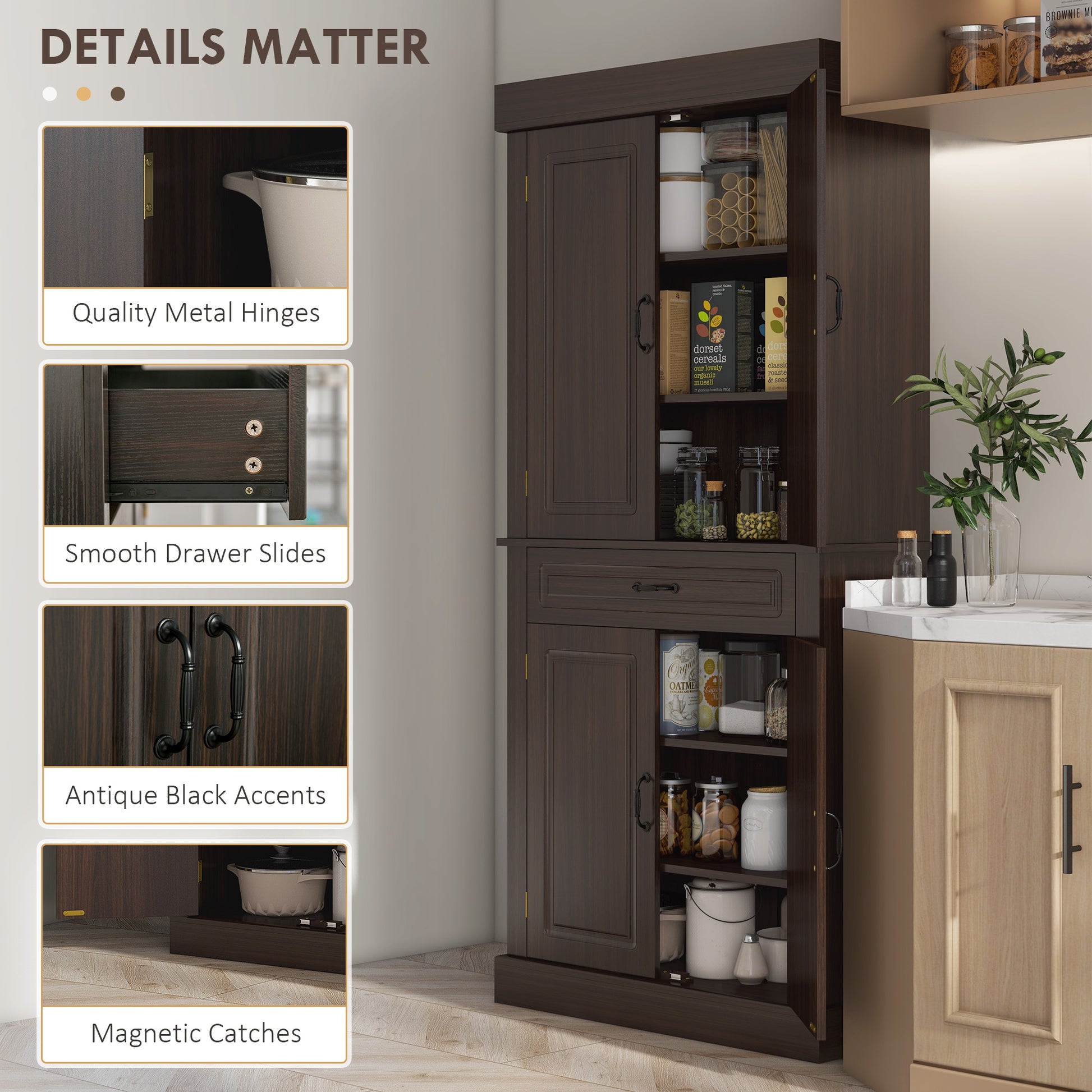 71" Kitchen Pantry Cabinet - Distressed Coffee-DECOROLALA