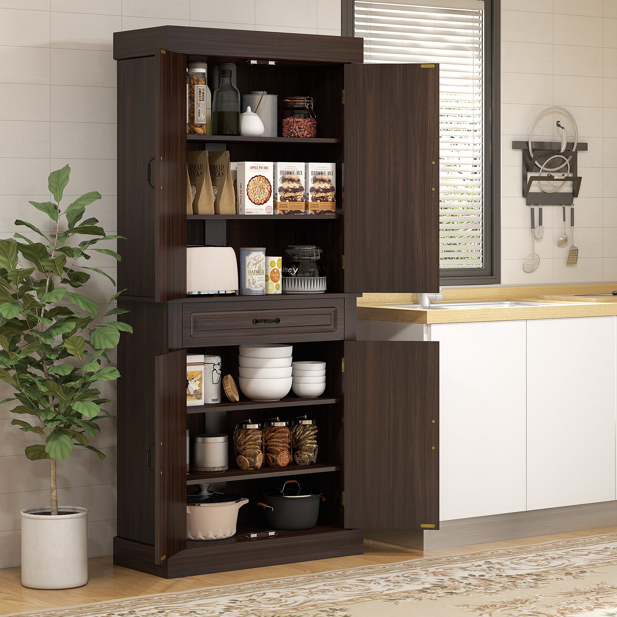 71" Kitchen Pantry Cabinet - Distressed Coffee-DECOROLALA