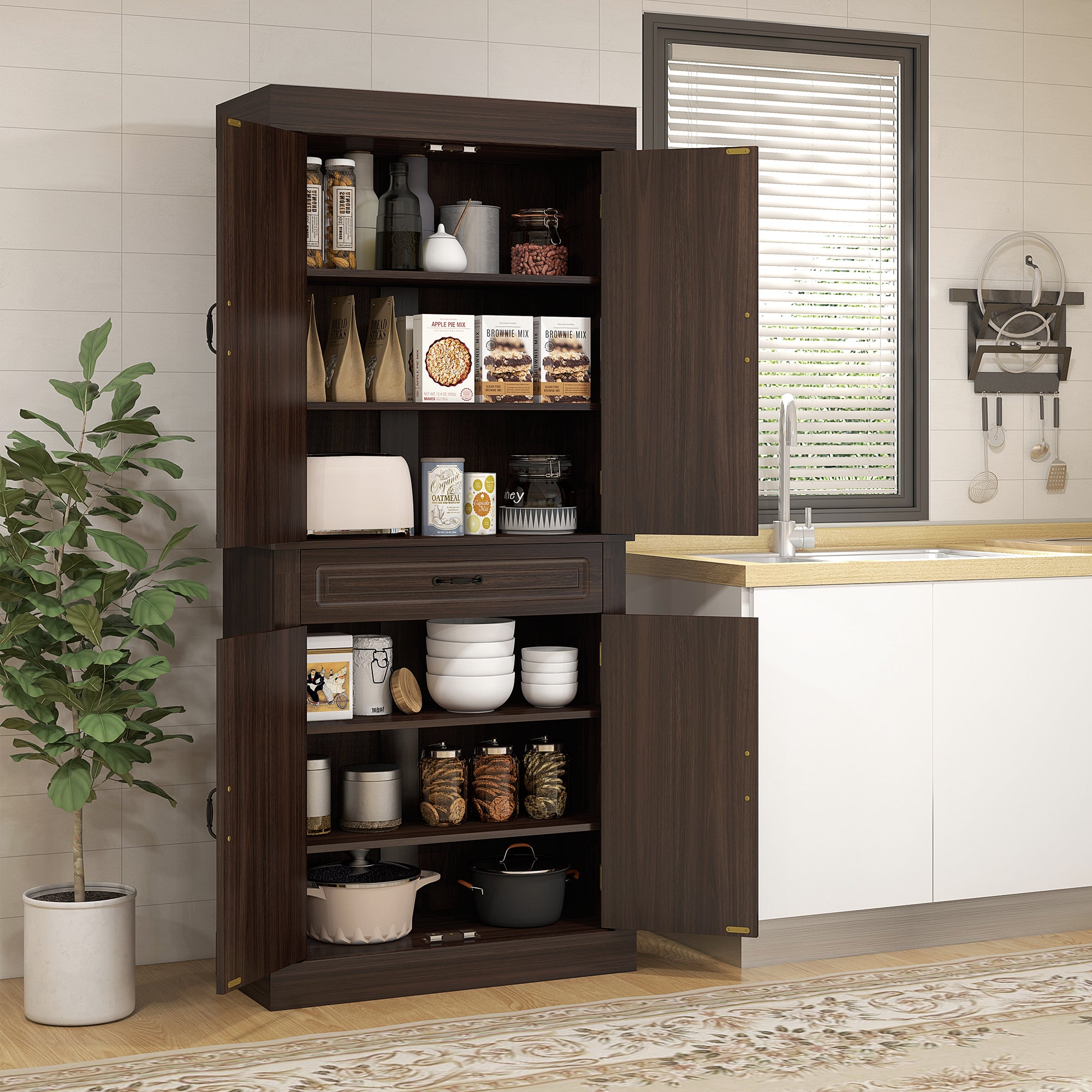 71" Kitchen Pantry Cabinet - Distressed Coffee-DECOROLALA