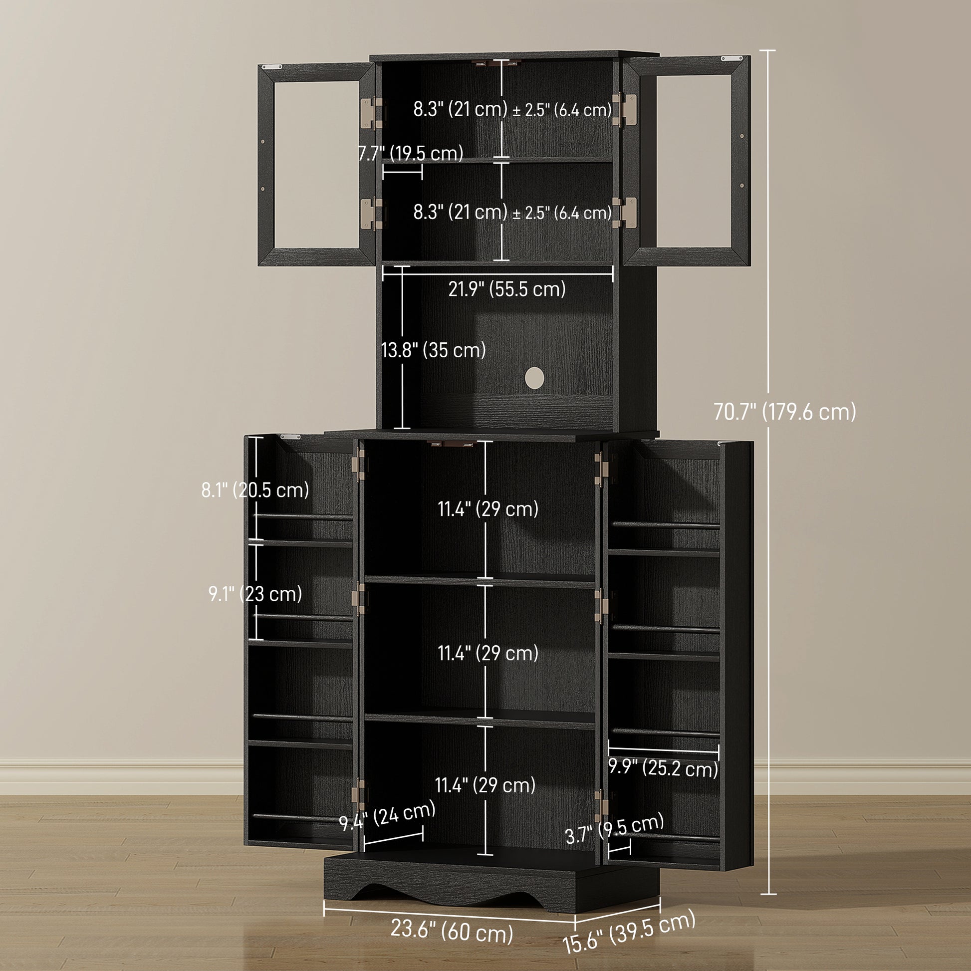 71" Kitchen Pantry Cabinet, Freestanding Kitchen Hutch with 8 Door Shelves, Adjustable Shelf and Acrylic Doors, Black-DECOROLALA