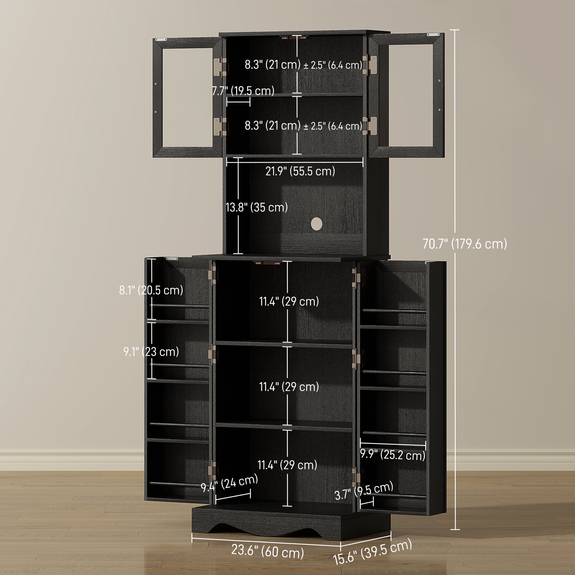 71" Kitchen Pantry Cabinet, Freestanding Kitchen Hutch with 8 Door Shelves, Adjustable Shelf and Acrylic Doors, Black-DECOROLALA