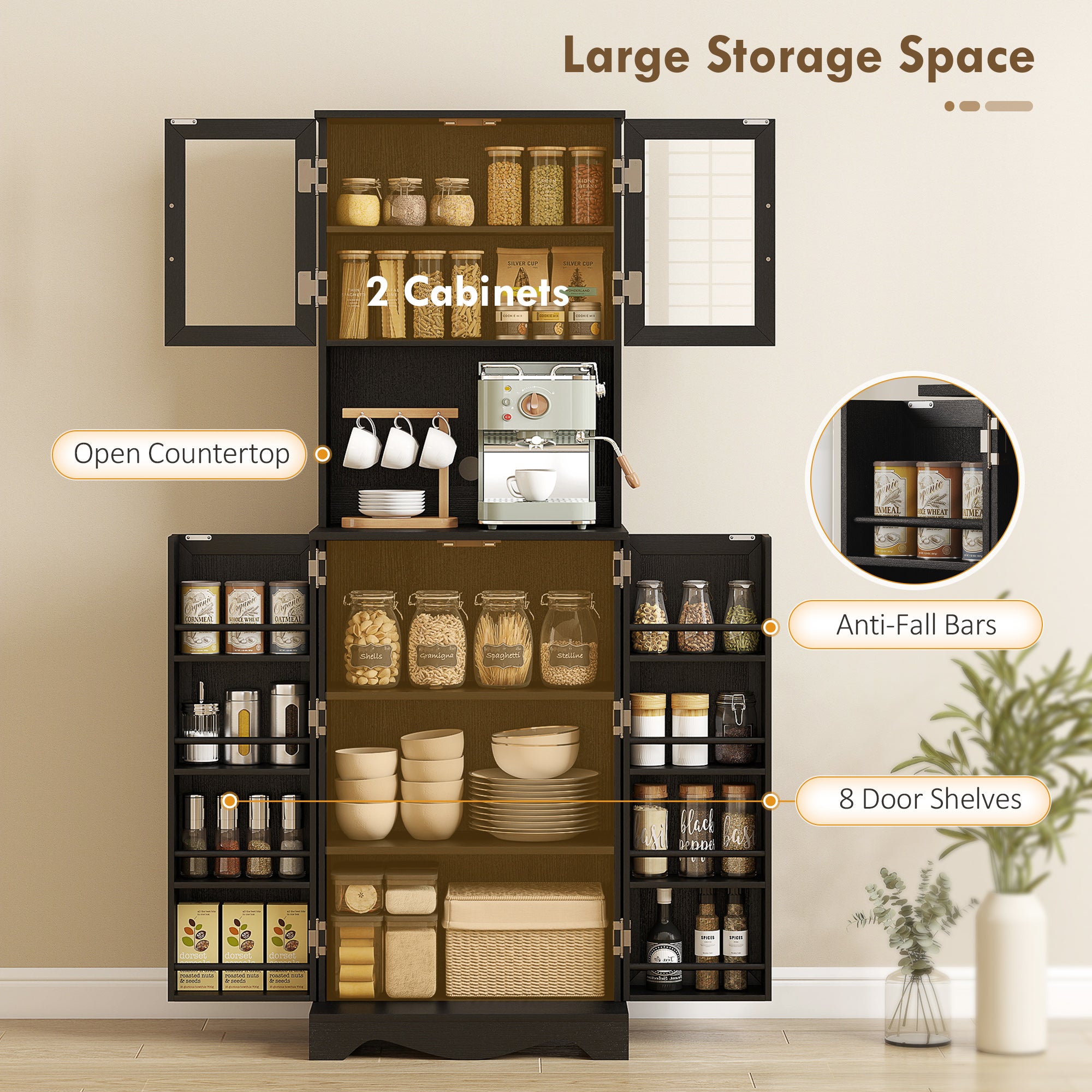 71" Kitchen Pantry Cabinet, Freestanding Kitchen Hutch with 8 Door Shelves, Adjustable Shelf and Acrylic Doors, Black-DECOROLALA