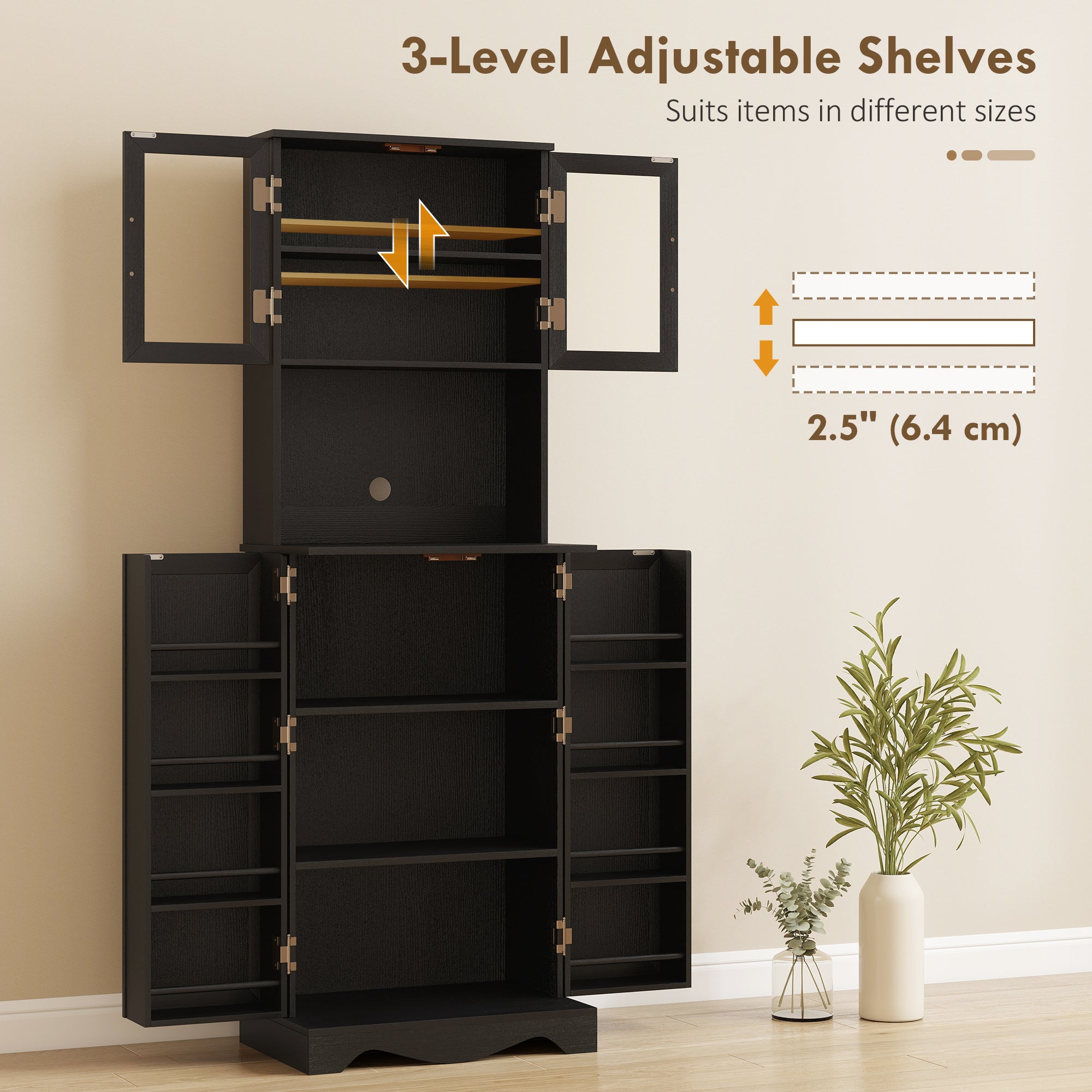 71" Kitchen Pantry Cabinet, Freestanding Kitchen Hutch with 8 Door Shelves, Adjustable Shelf and Acrylic Doors, Black-DECOROLALA