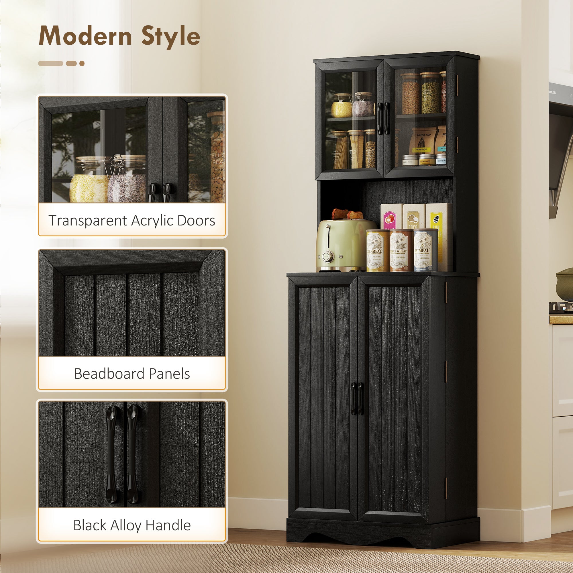 71" Kitchen Pantry Cabinet, Freestanding Kitchen Hutch with 8 Door Shelves, Adjustable Shelf and Acrylic Doors, Black-DECOROLALA