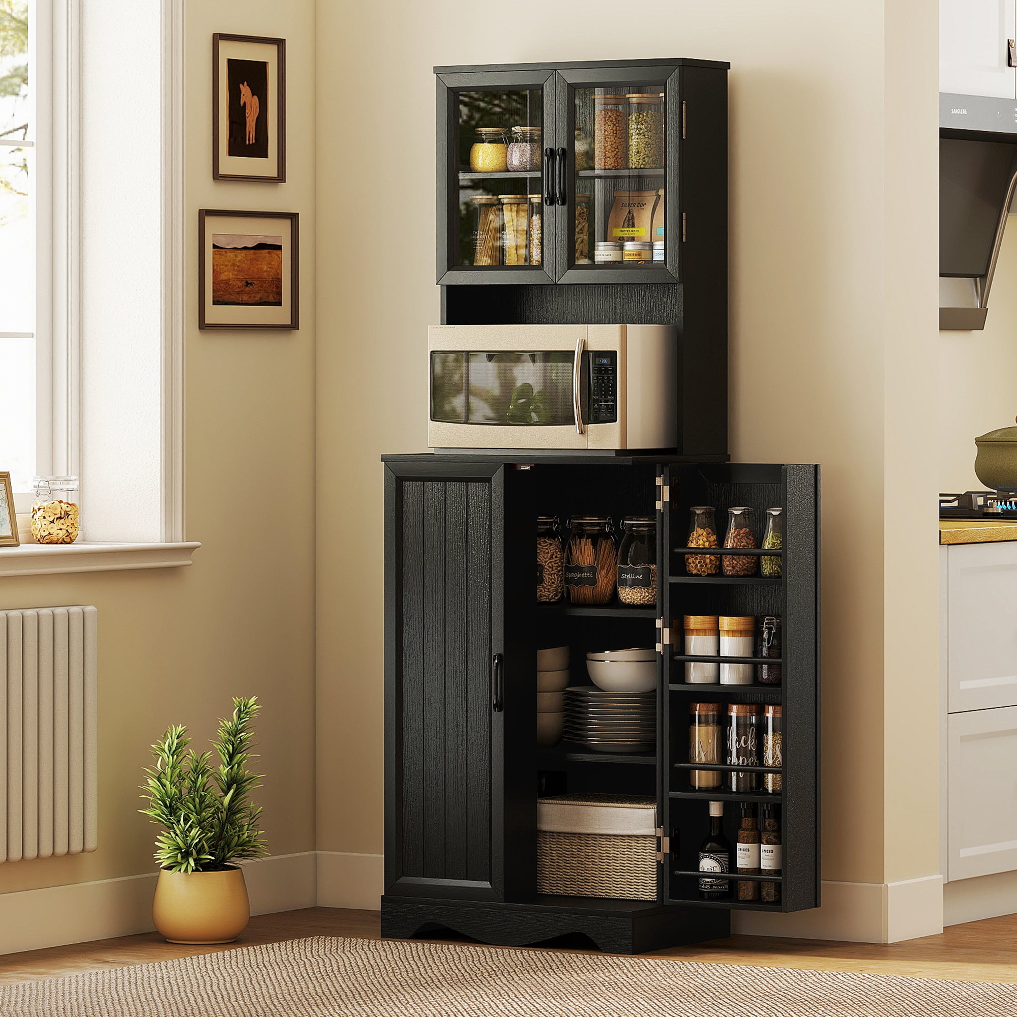 71" Kitchen Pantry Cabinet, Freestanding Kitchen Hutch with 8 Door Shelves, Adjustable Shelf and Acrylic Doors, Black-DECOROLALA