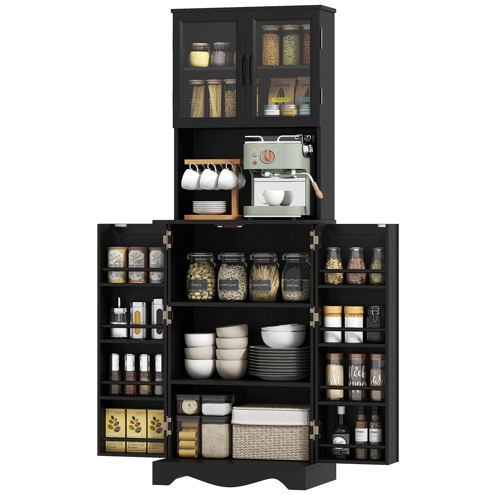 71" Kitchen Pantry Cabinet, Freestanding Kitchen Hutch with 8 Door Shelves, Adjustable Shelf and Acrylic Doors, Black-DECOROLALA