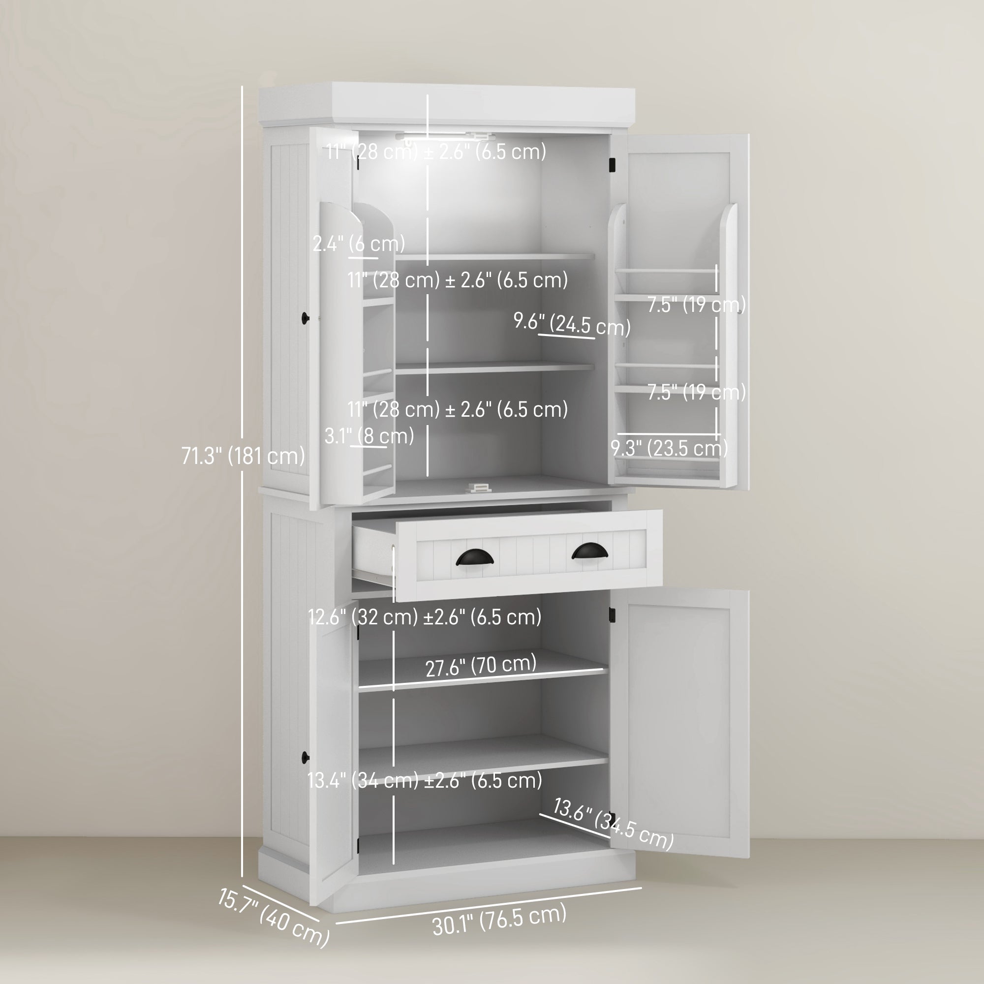 71" Kitchen Pantry Cabinet LED Lights White-DECOROLALA
