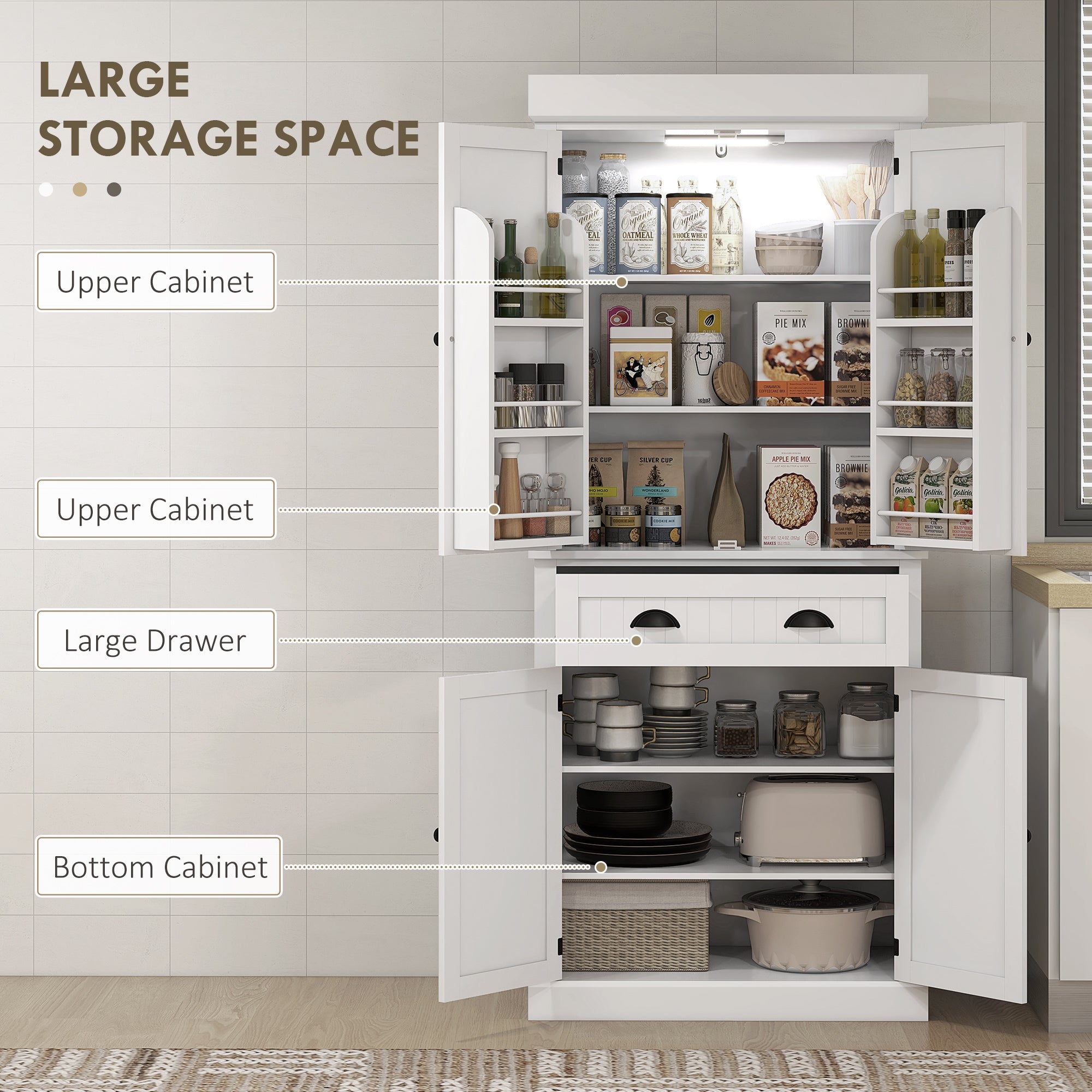 71" Kitchen Pantry Cabinet LED Lights White-DECOROLALA