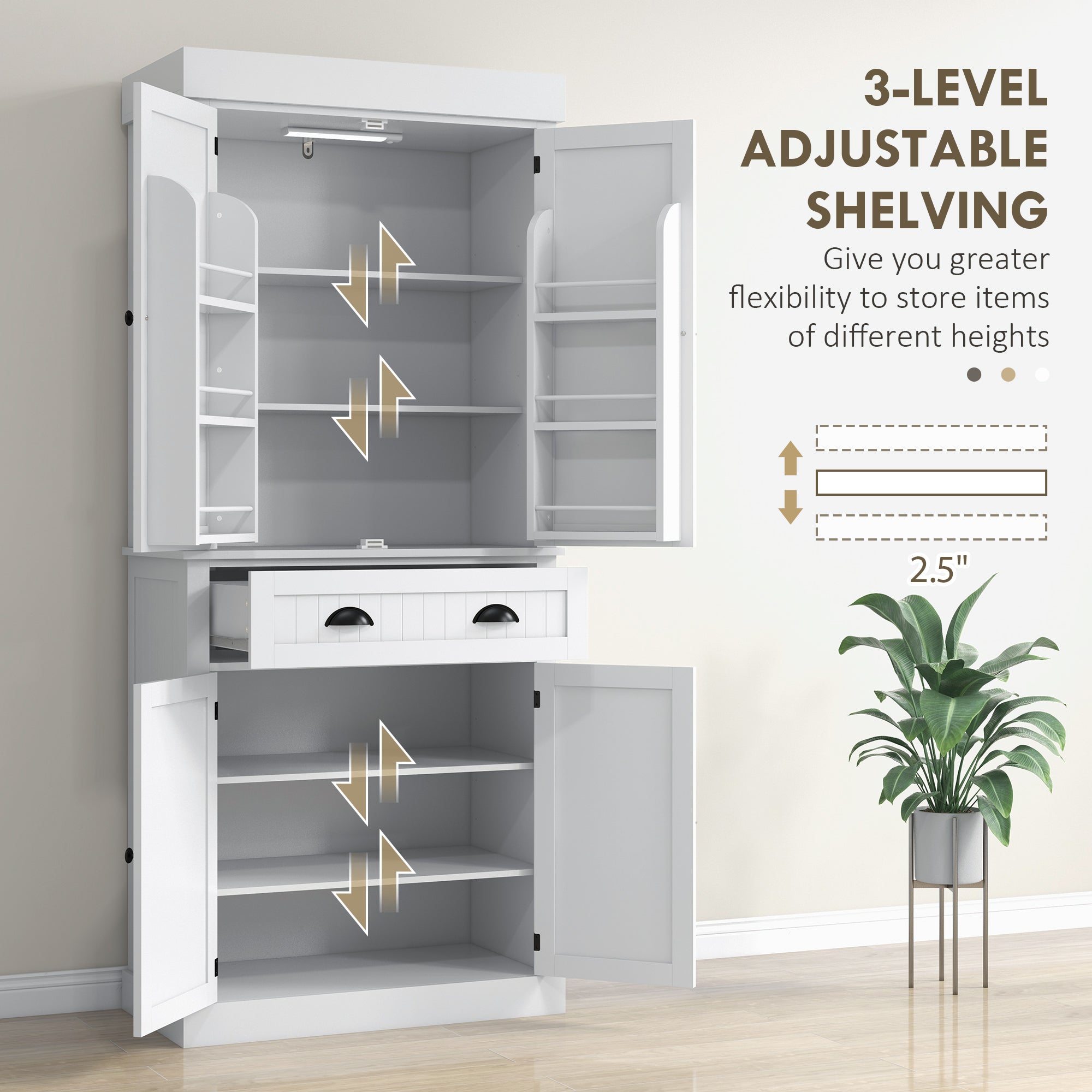 71" Kitchen Pantry Cabinet LED Lights White-DECOROLALA