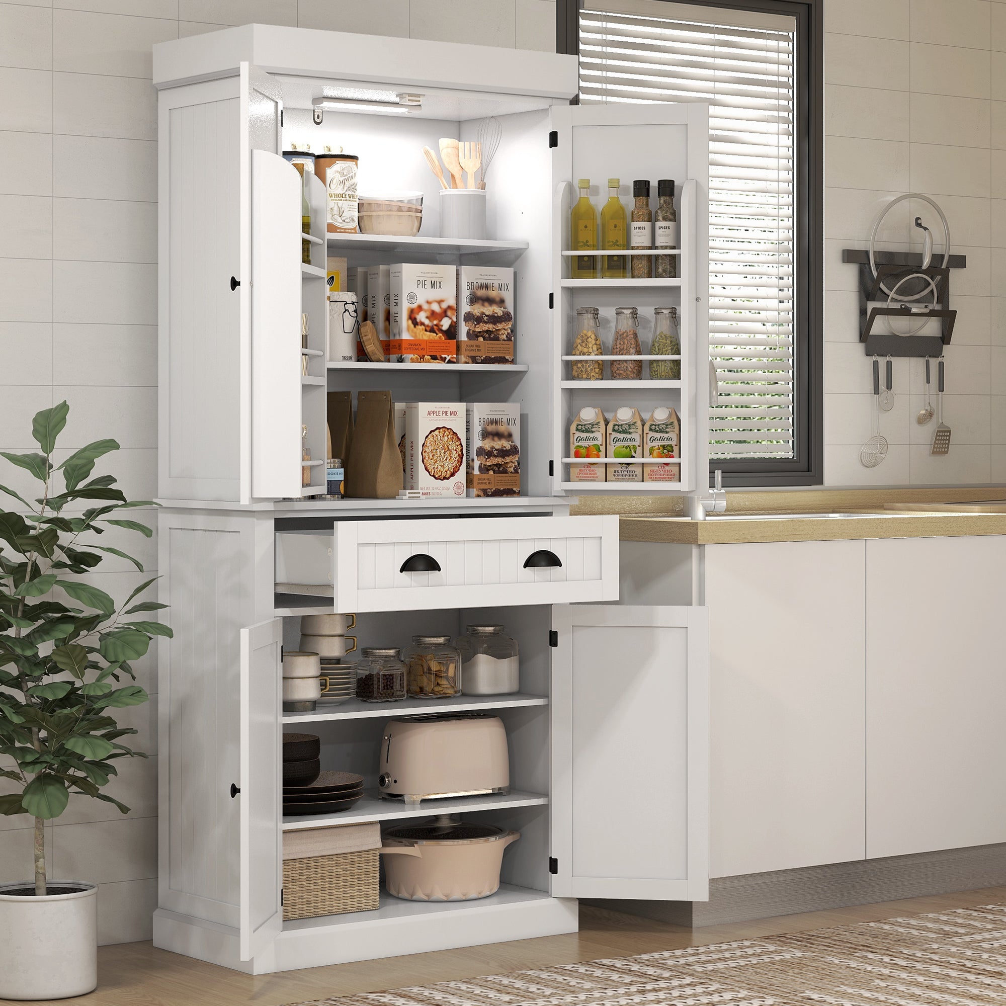 71" Kitchen Pantry Cabinet LED Lights White-DECOROLALA