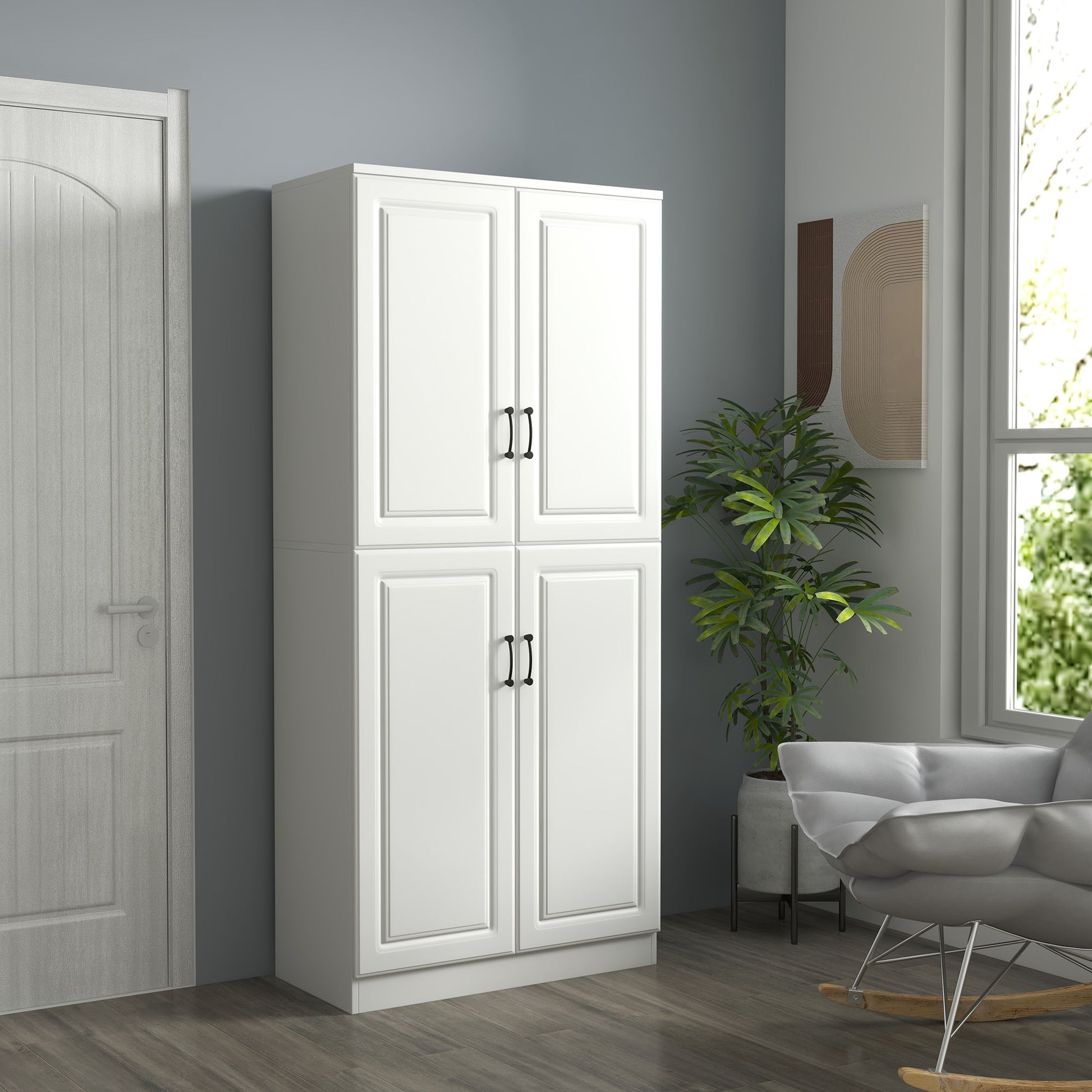 71" Kitchen Pantry Cabinet - White 4 Doors Adjustable Shelves-DECOROLALA