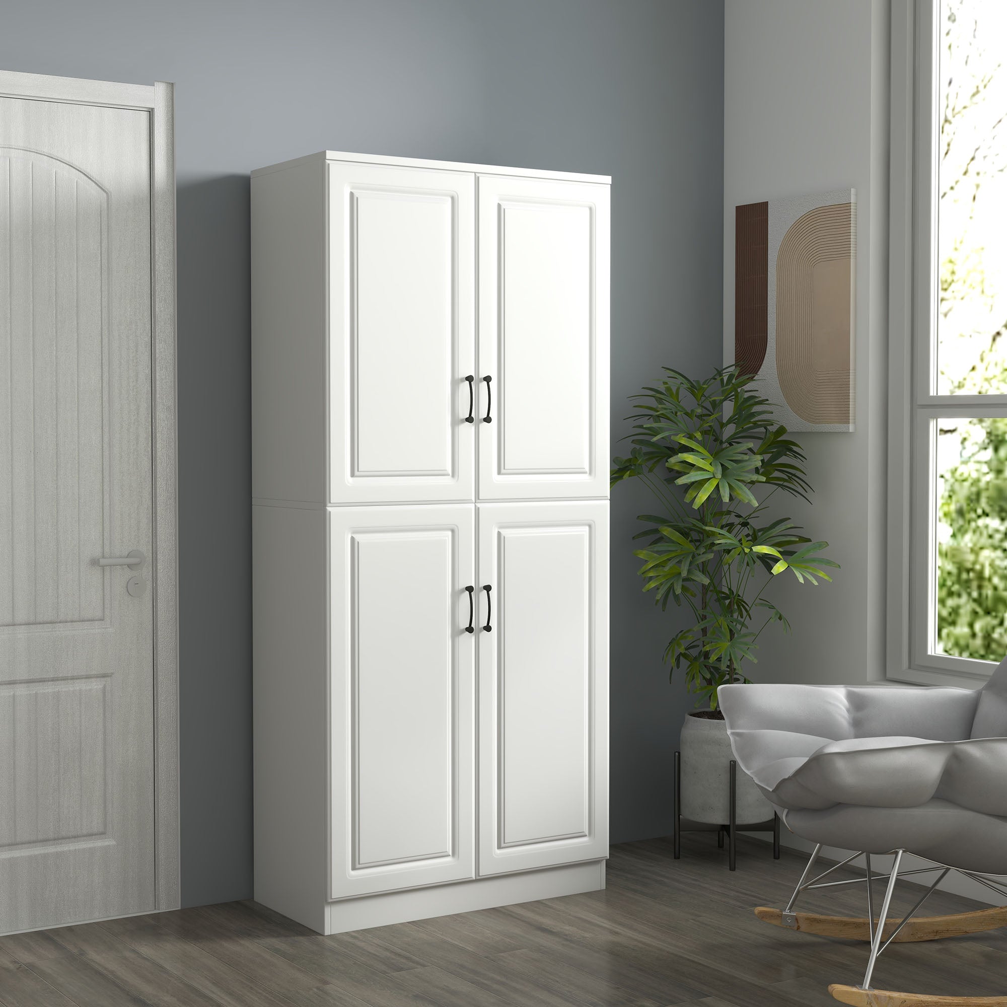71" Kitchen Pantry Cabinet - White 4 Doors Adjustable Shelves-DECOROLALA