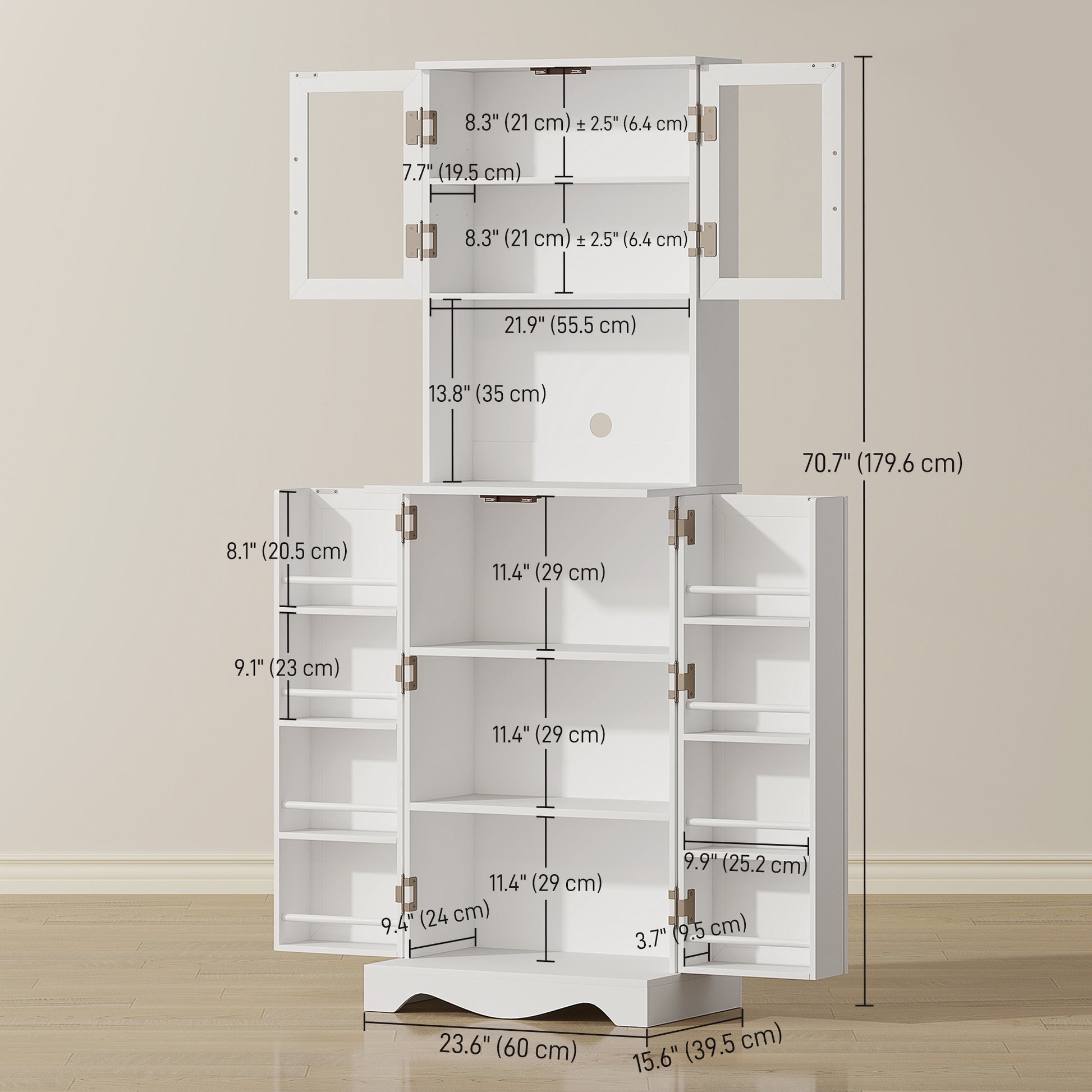 71" Kitchen Pantry Cabinet, White, with Shelves and Acrylic Doors-DECOROLALA