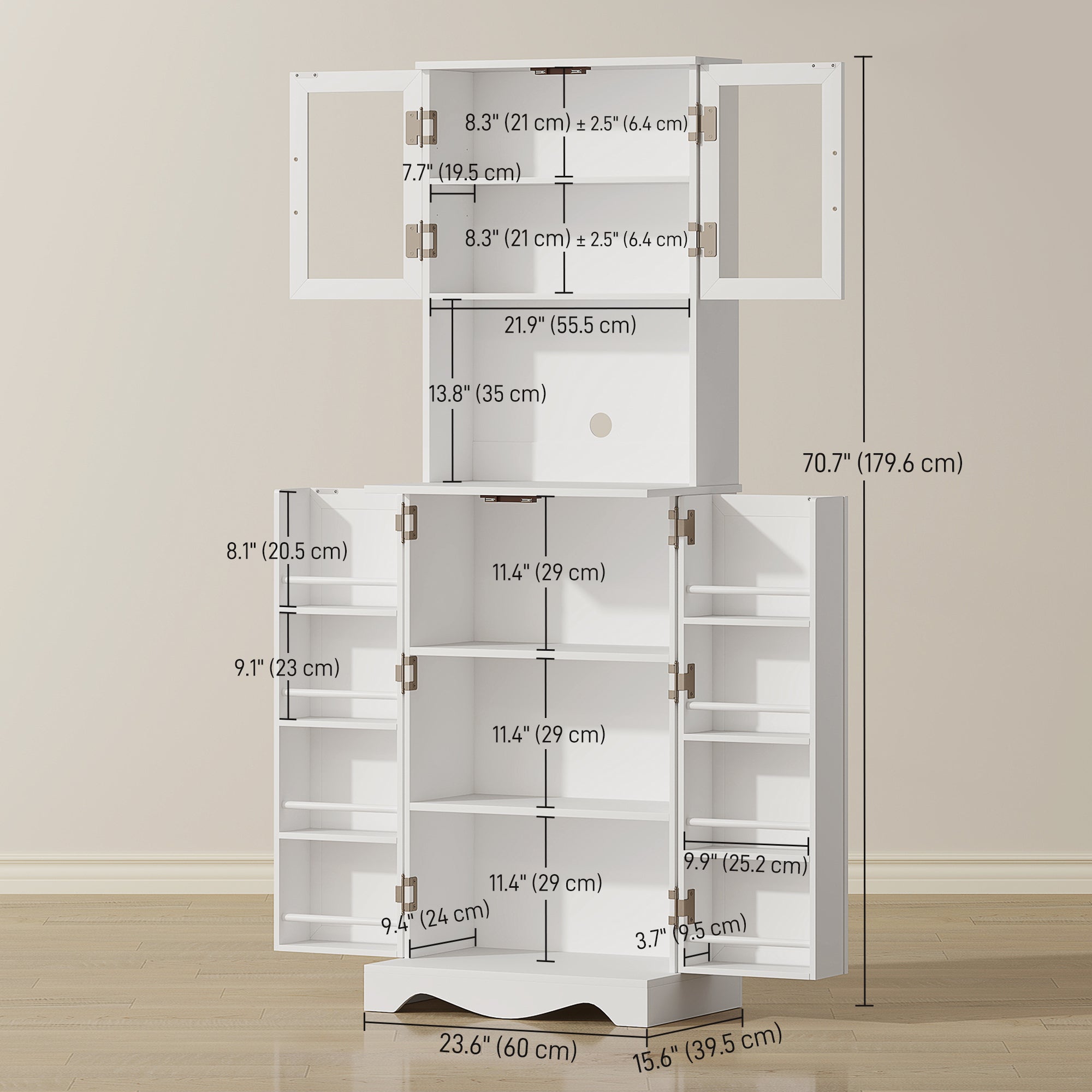 71" Kitchen Pantry Cabinet, White, with Shelves and Acrylic Doors-DECOROLALA