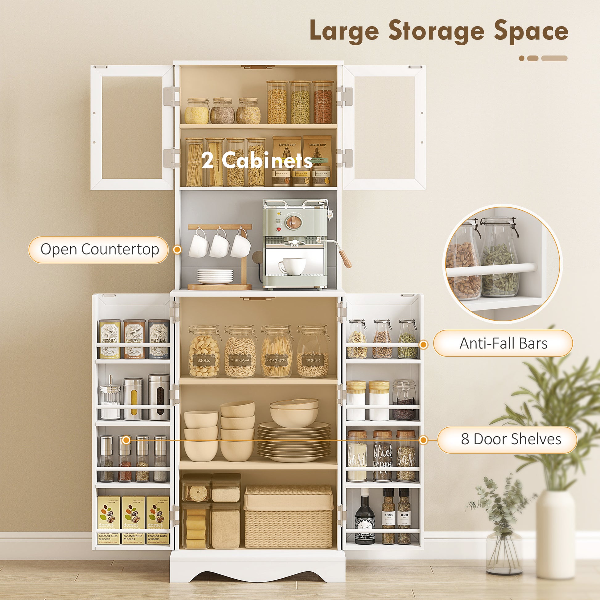71" Kitchen Pantry Cabinet, White, with Shelves and Acrylic Doors-DECOROLALA