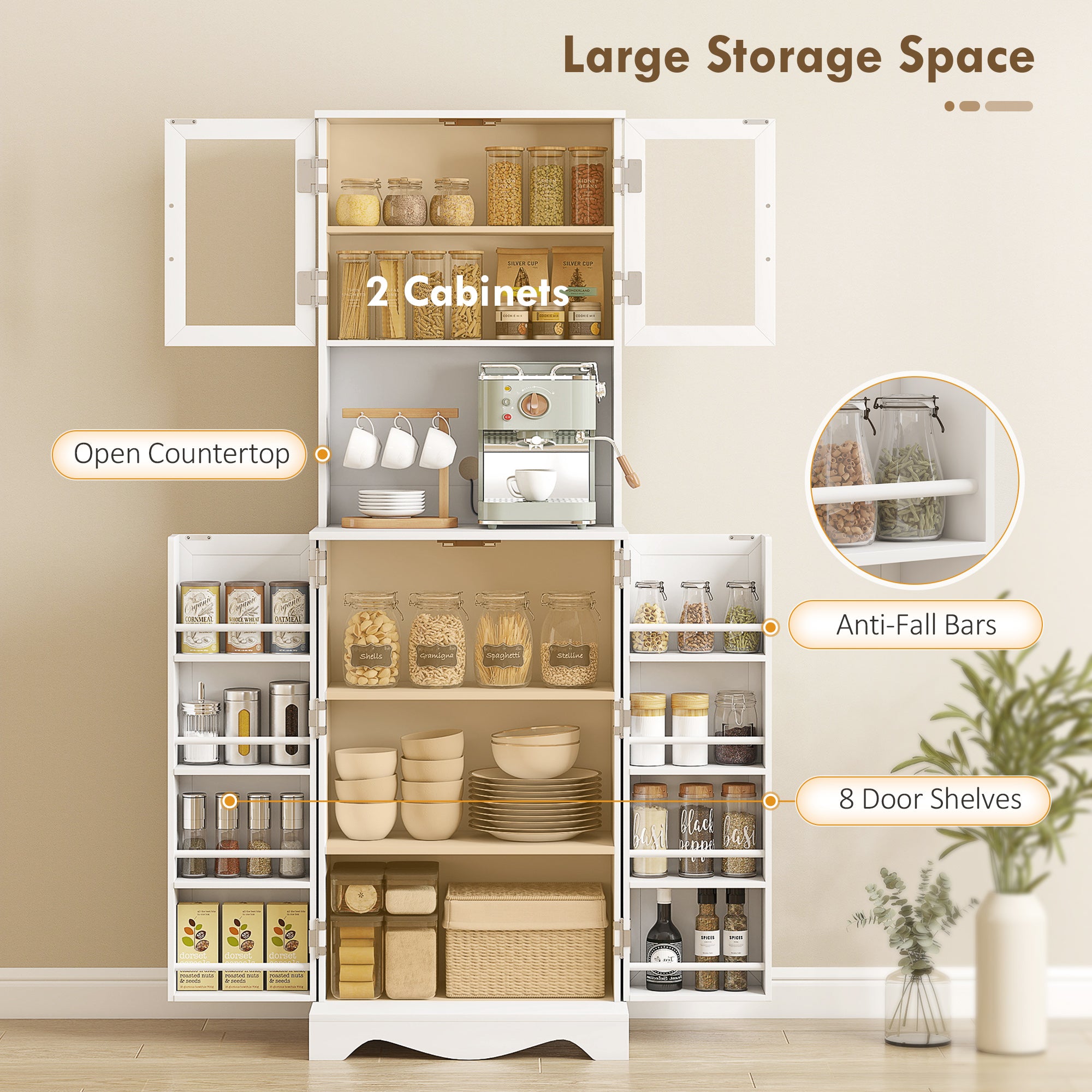 71" Kitchen Pantry Cabinet, White, with Shelves and Acrylic Doors-DECOROLALA