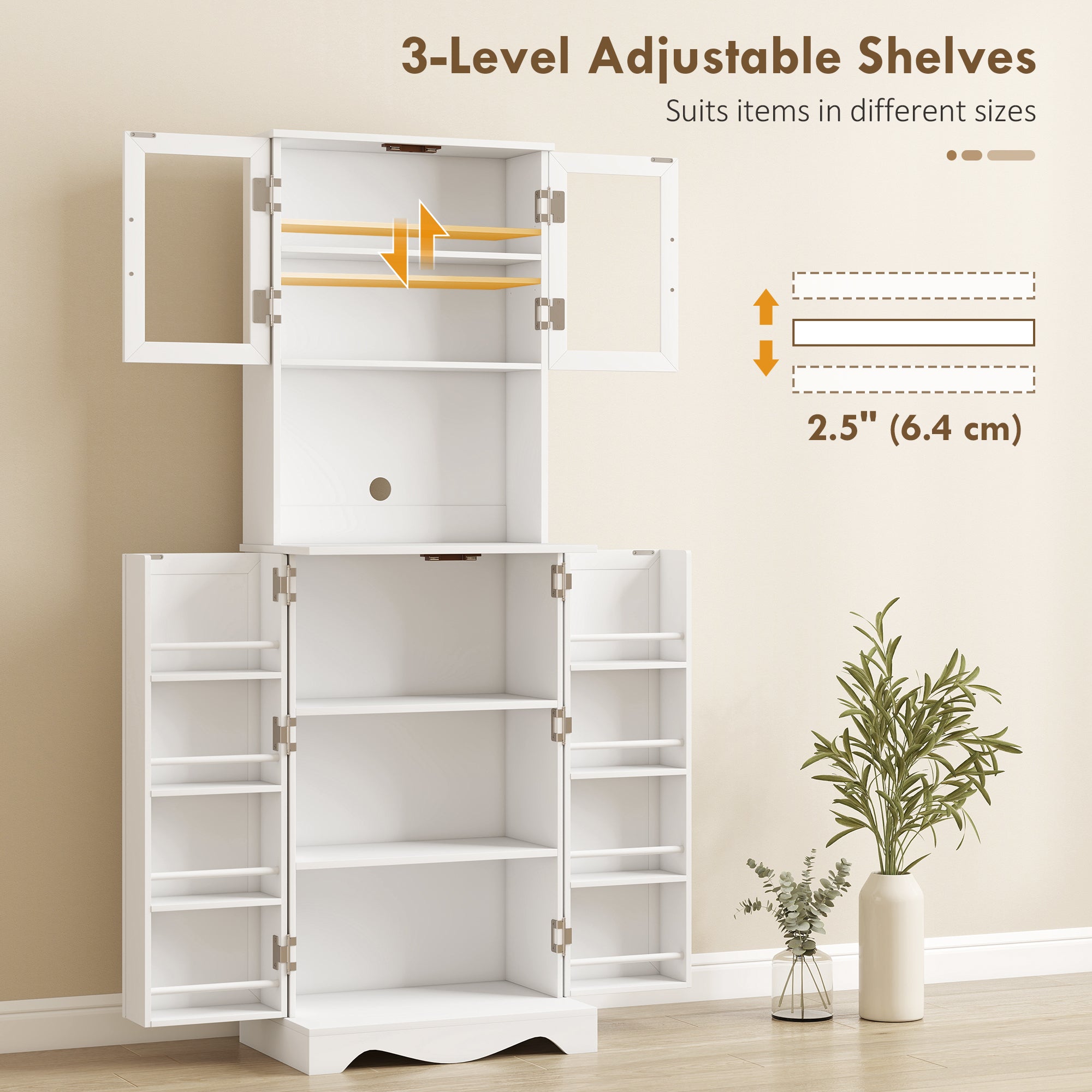 71" Kitchen Pantry Cabinet, White, with Shelves and Acrylic Doors-DECOROLALA