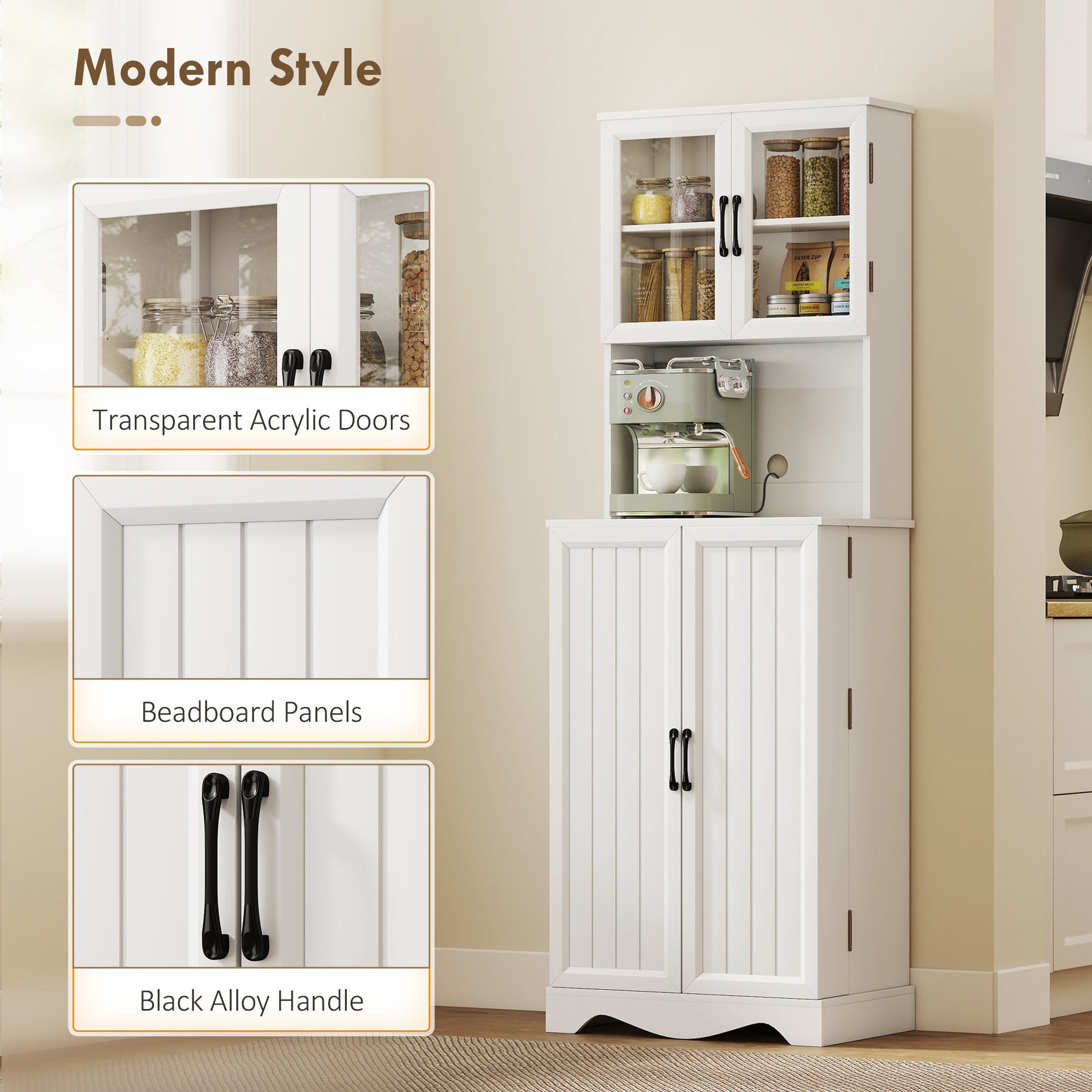71" Kitchen Pantry Cabinet, White, with Shelves and Acrylic Doors-DECOROLALA