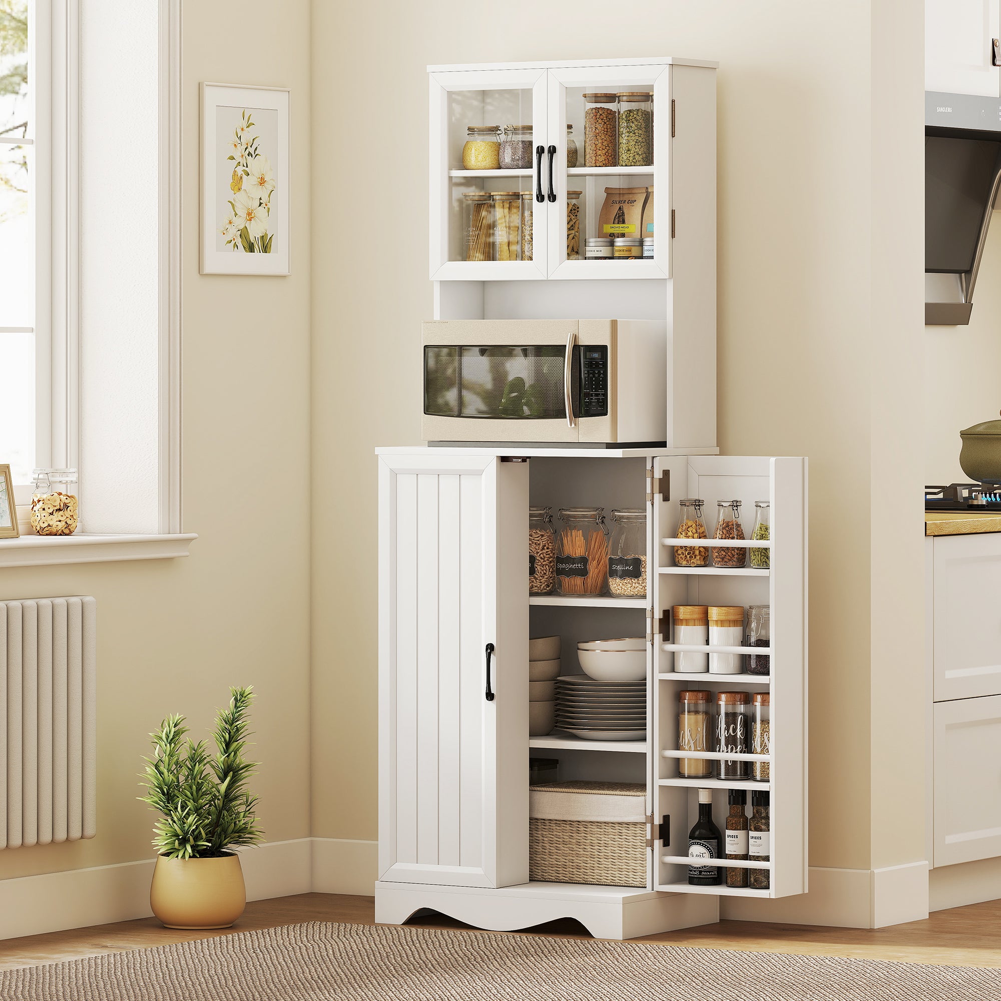 71" Kitchen Pantry Cabinet, White, with Shelves and Acrylic Doors-DECOROLALA