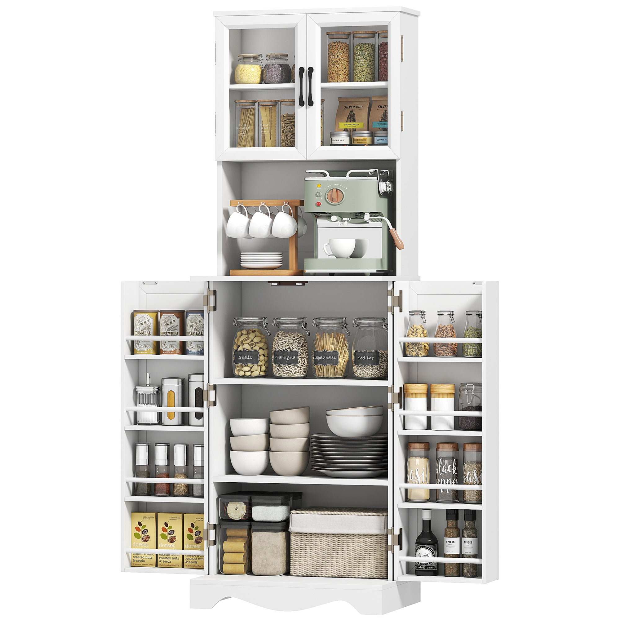 71" Kitchen Pantry Cabinet, White, with Shelves and Acrylic Doors-DECOROLALA