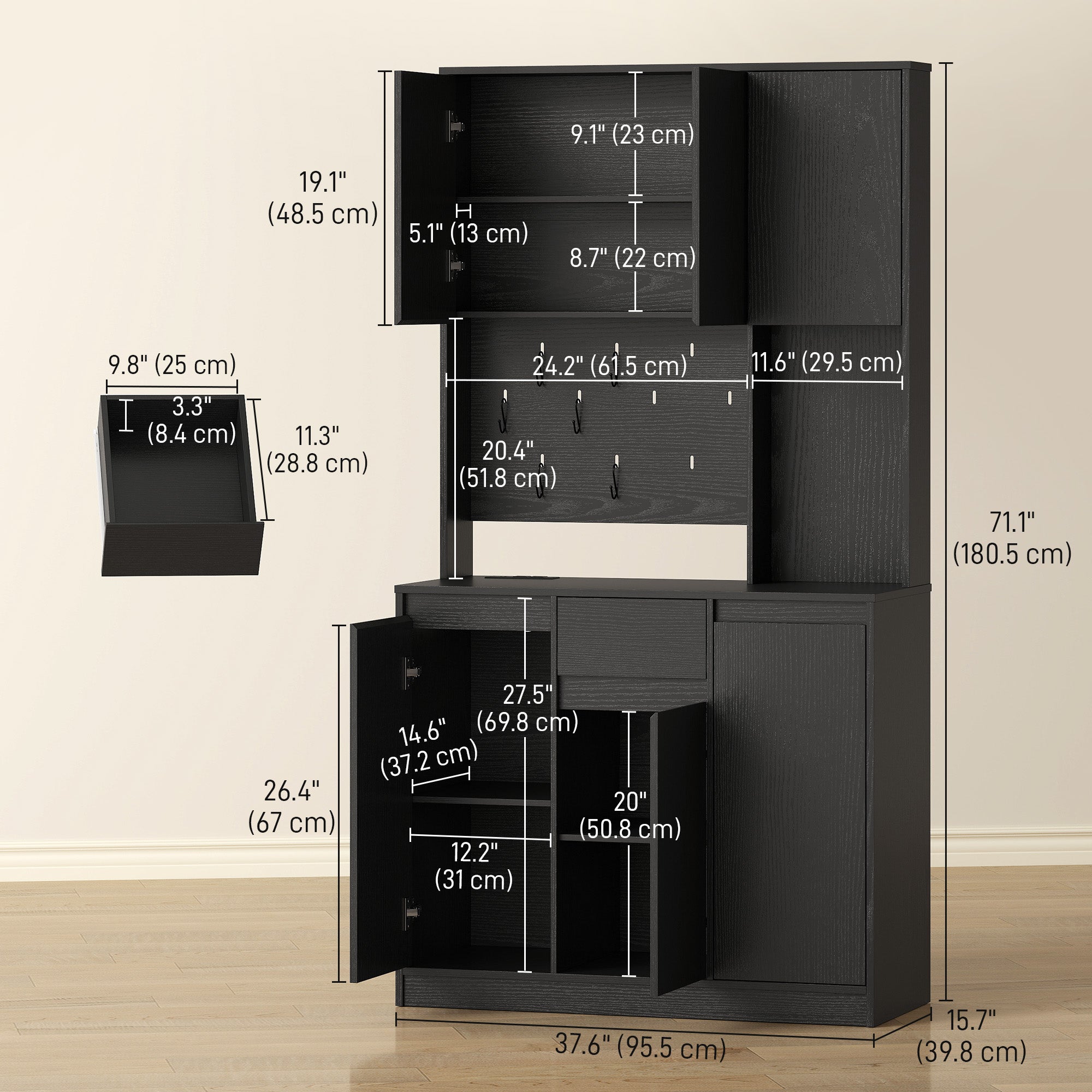 71" Kitchen Pantry Cabinet with Charging, Microwave Stand & Pegboard - Black-DECOROLALA