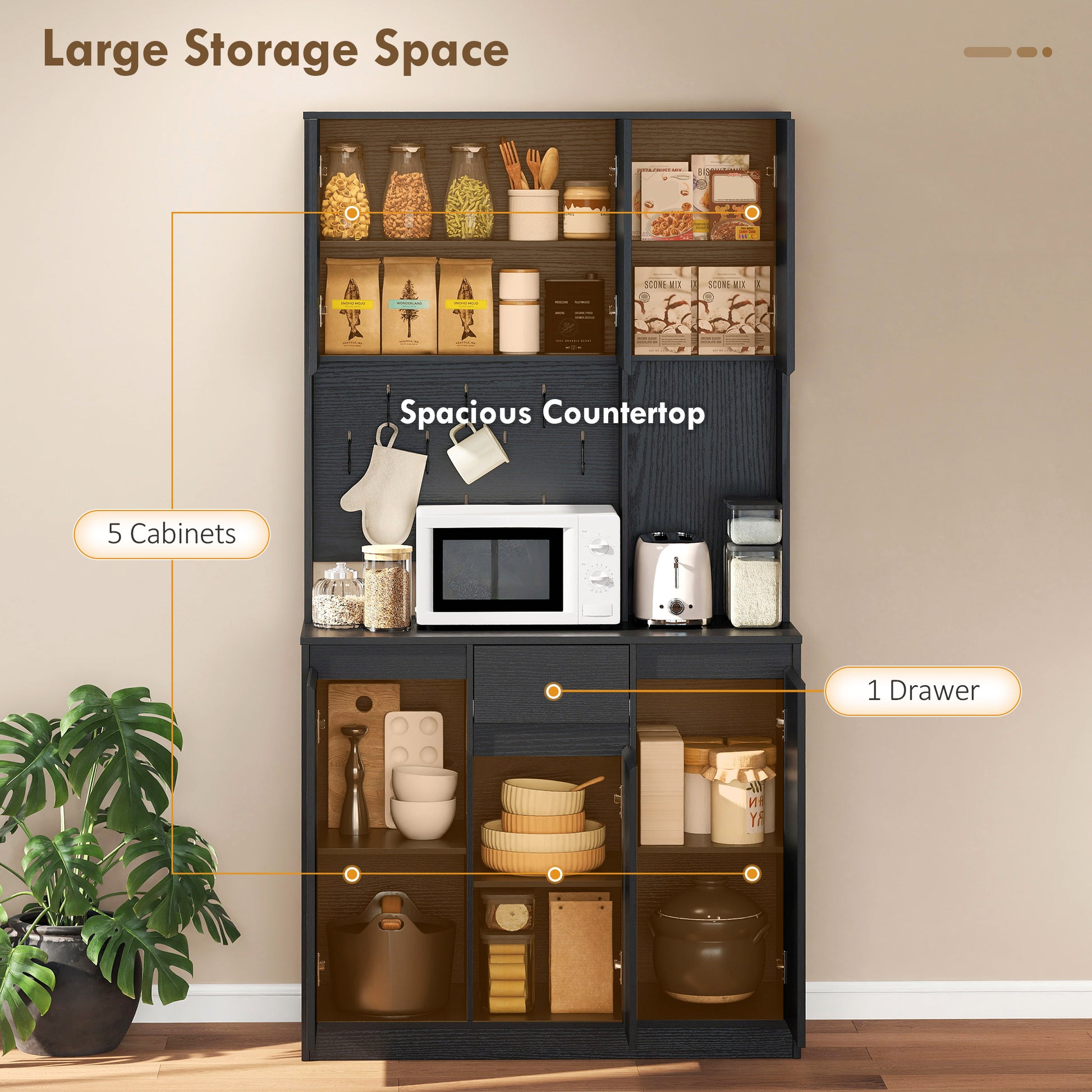 71" Kitchen Pantry Cabinet with Charging, Microwave Stand & Pegboard - Black-DECOROLALA