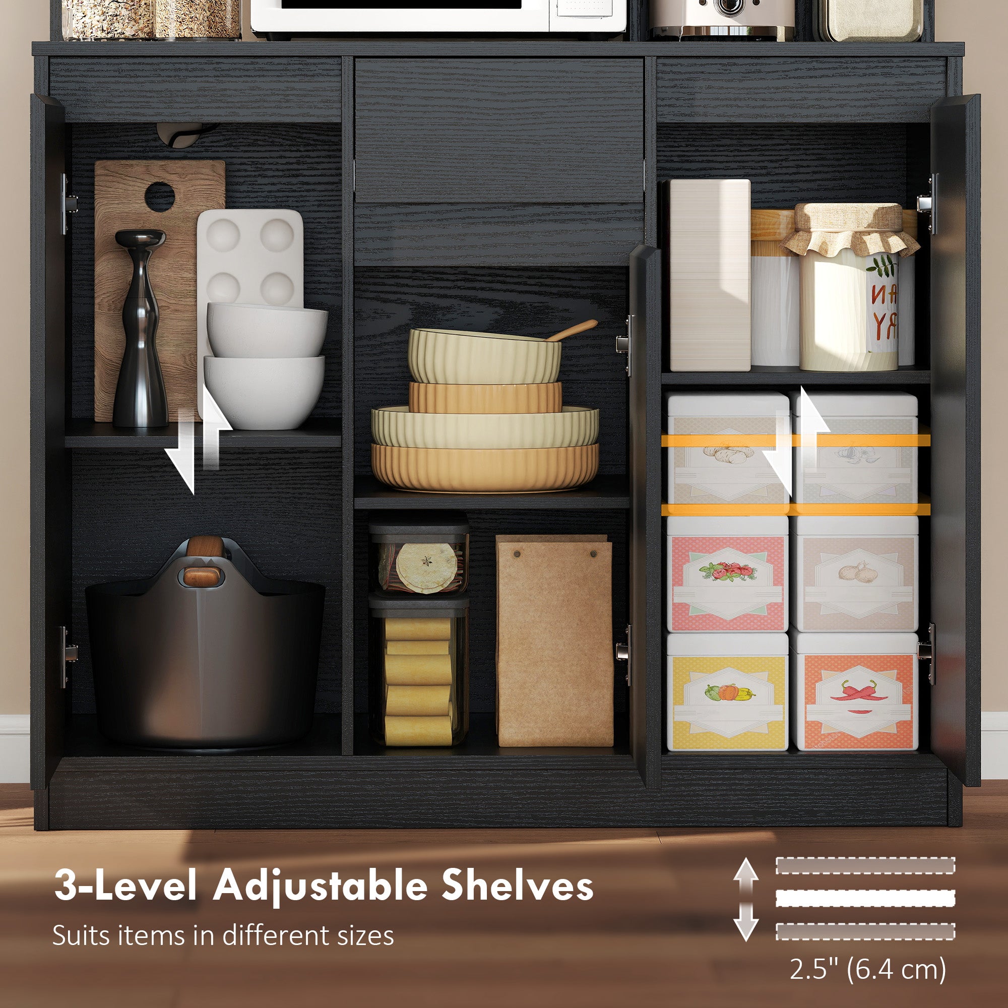 71" Kitchen Pantry Cabinet with Charging, Microwave Stand & Pegboard - Black-DECOROLALA