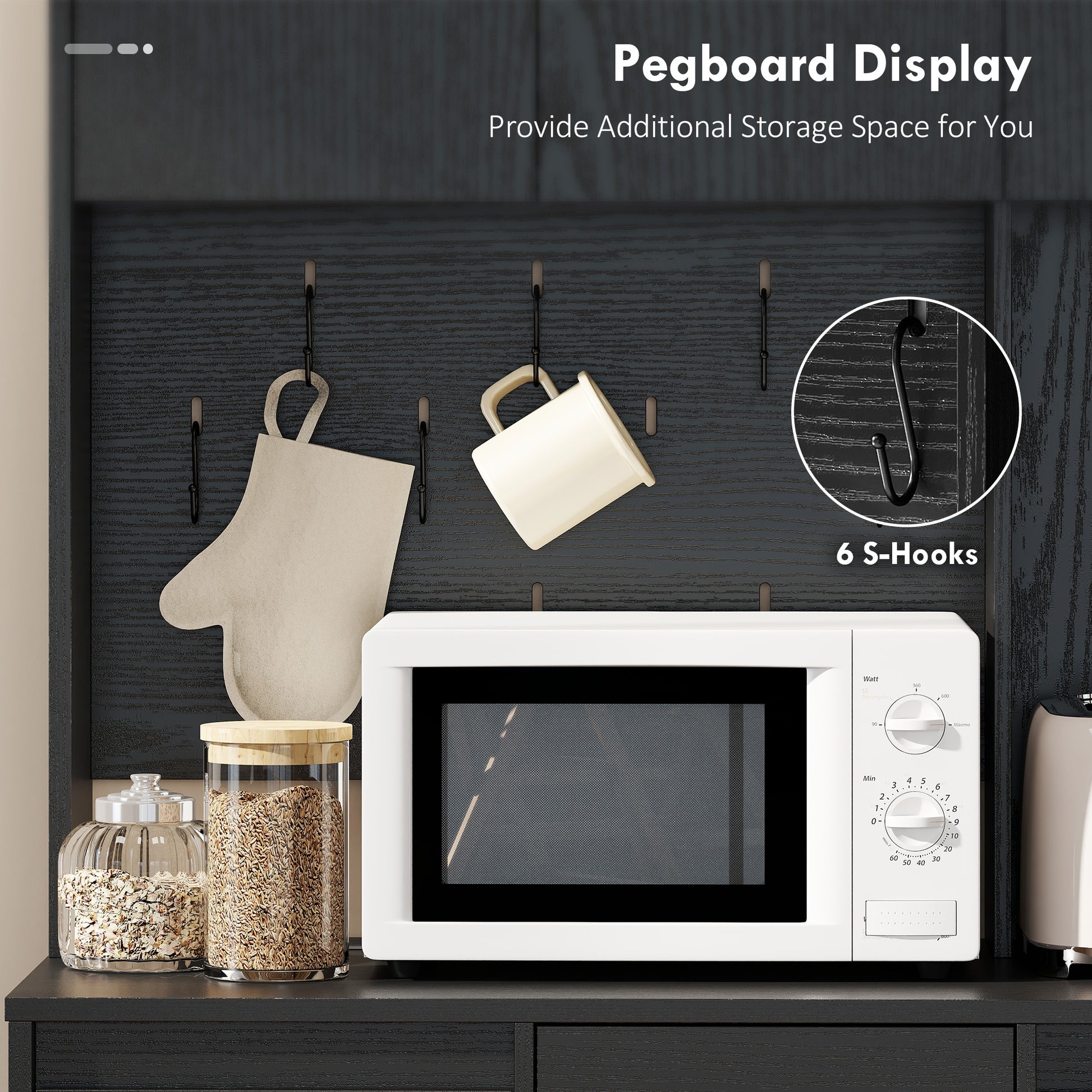 71" Kitchen Pantry Cabinet with Charging, Microwave Stand & Pegboard - Black-DECOROLALA