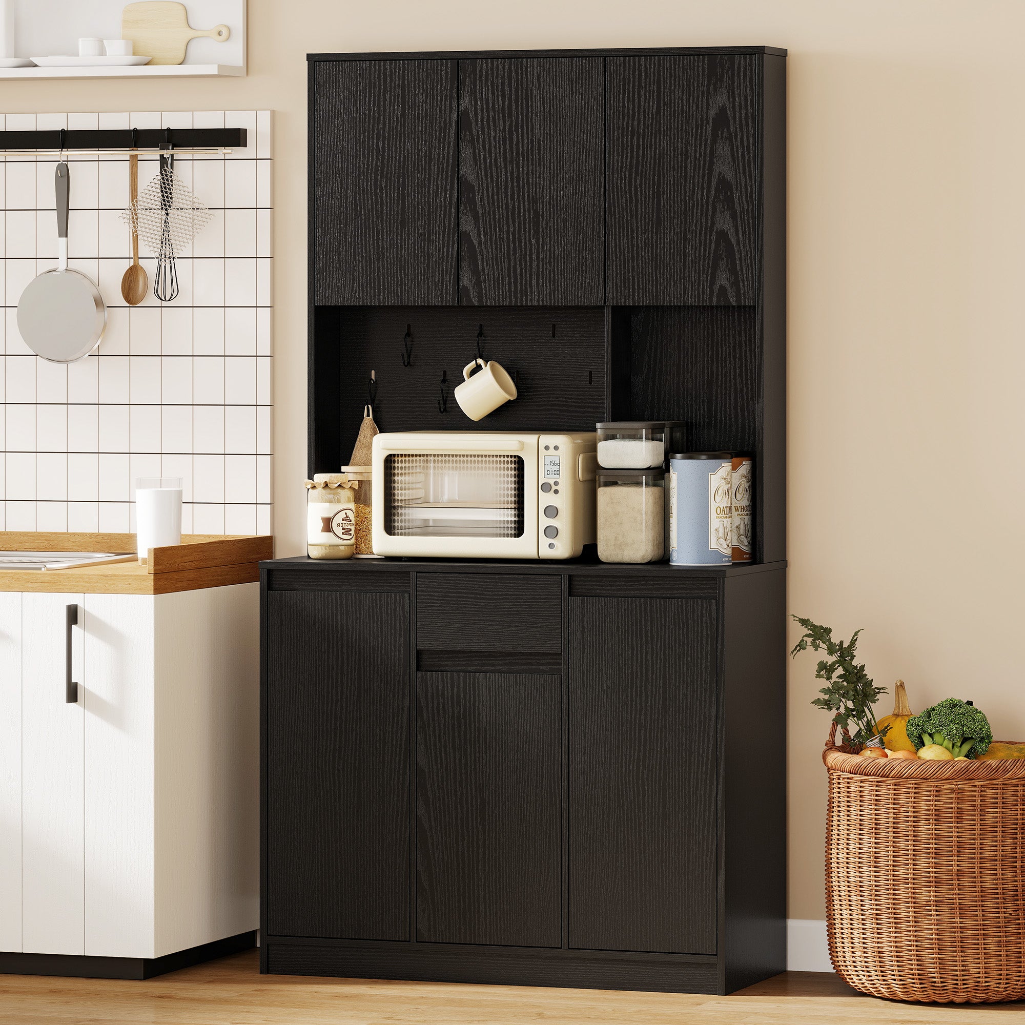 71" Kitchen Pantry Cabinet with Charging, Microwave Stand & Pegboard - Black-DECOROLALA