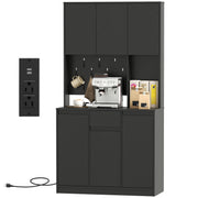 71" Kitchen Pantry Cabinet with Charging, Microwave Stand & Pegboard - Black-DECOROLALA